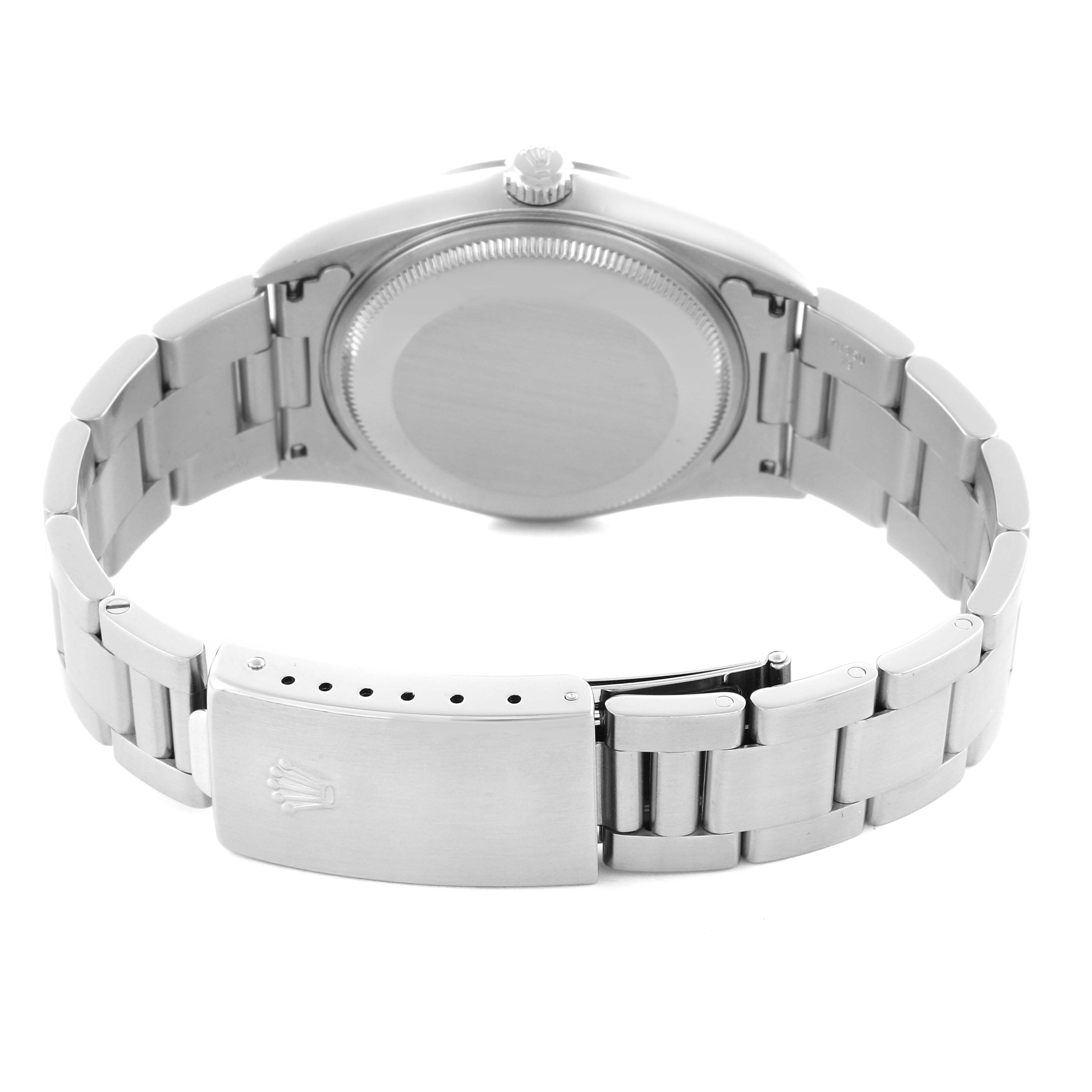 The image shows the back view of the Rolex Air-King 14000 Men's Stainless Steel Silver Dial 14000 Men's Stainless Steel Silver Dial, highlighting its case back and bracelet with clasp.