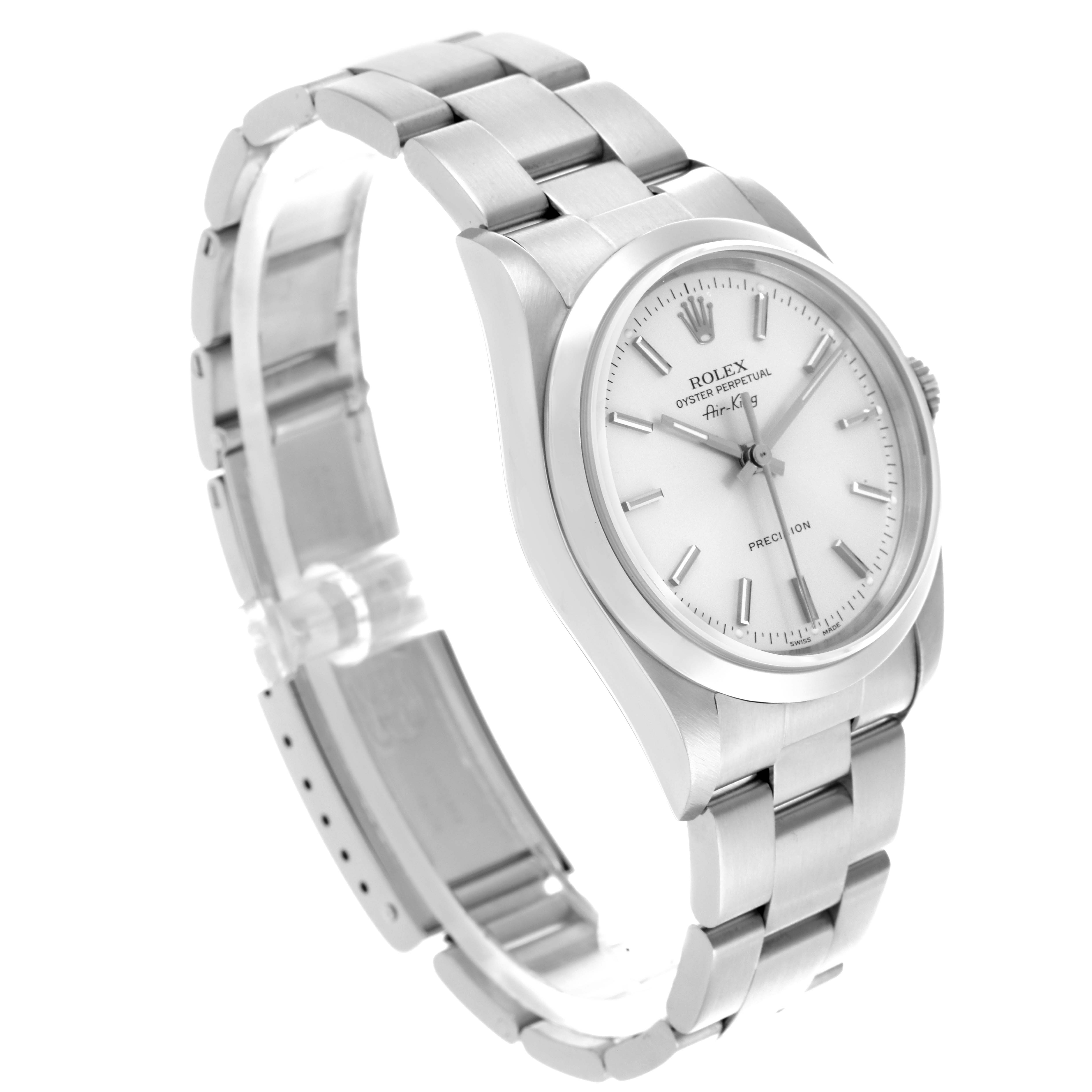 The Rolex Air-King 14000 Men's Stainless Steel Silver Dial 14000 Men's Stainless Steel Silver Dial watch is shown at a slight angle, displaying the face, bezel, and stainless steel bracelet.