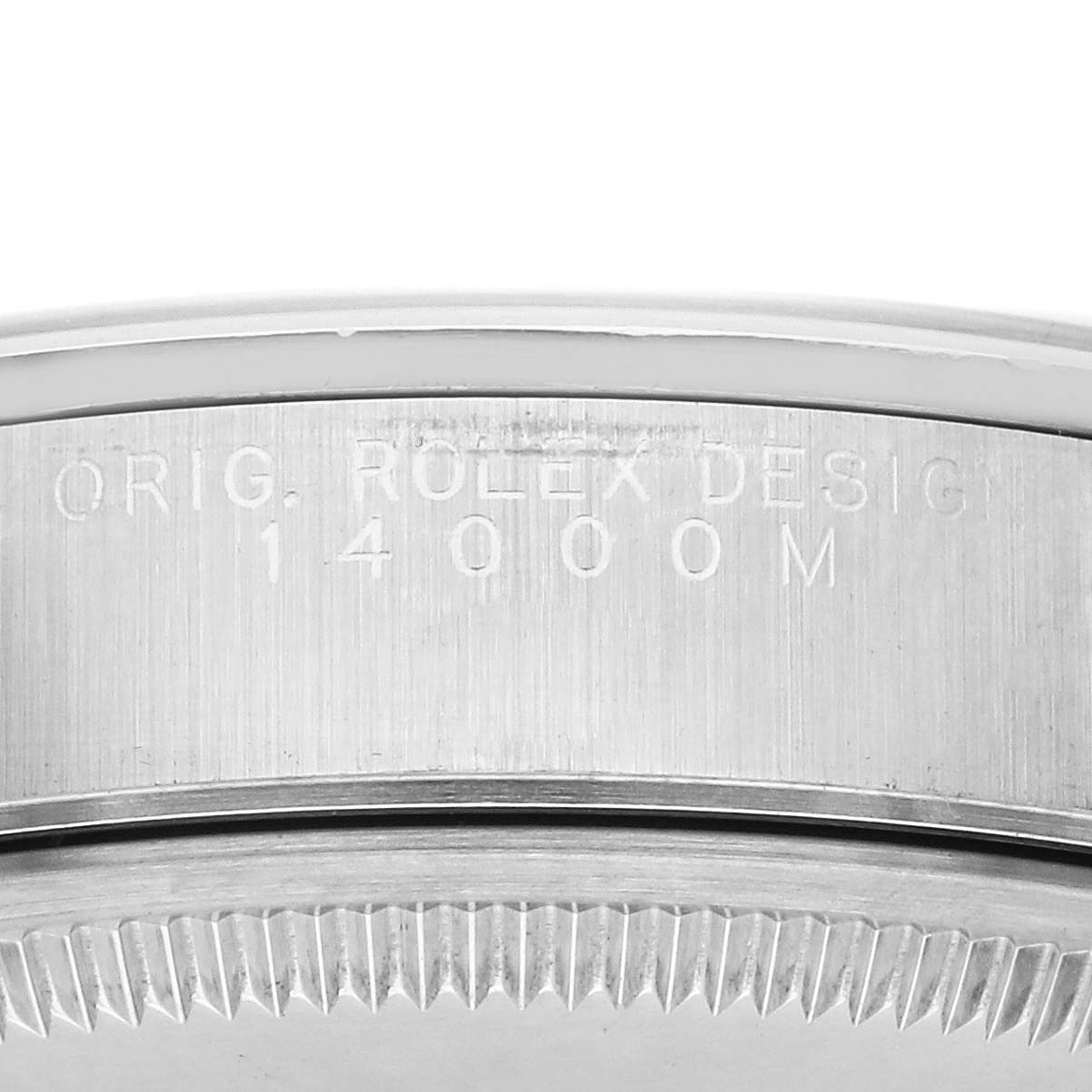 This image shows the side view of a Rolex Air-King 14000 Men's Stainless Steel Silver Dial 14000 Men's Stainless Steel Silver Dial watch case with engraved model details.