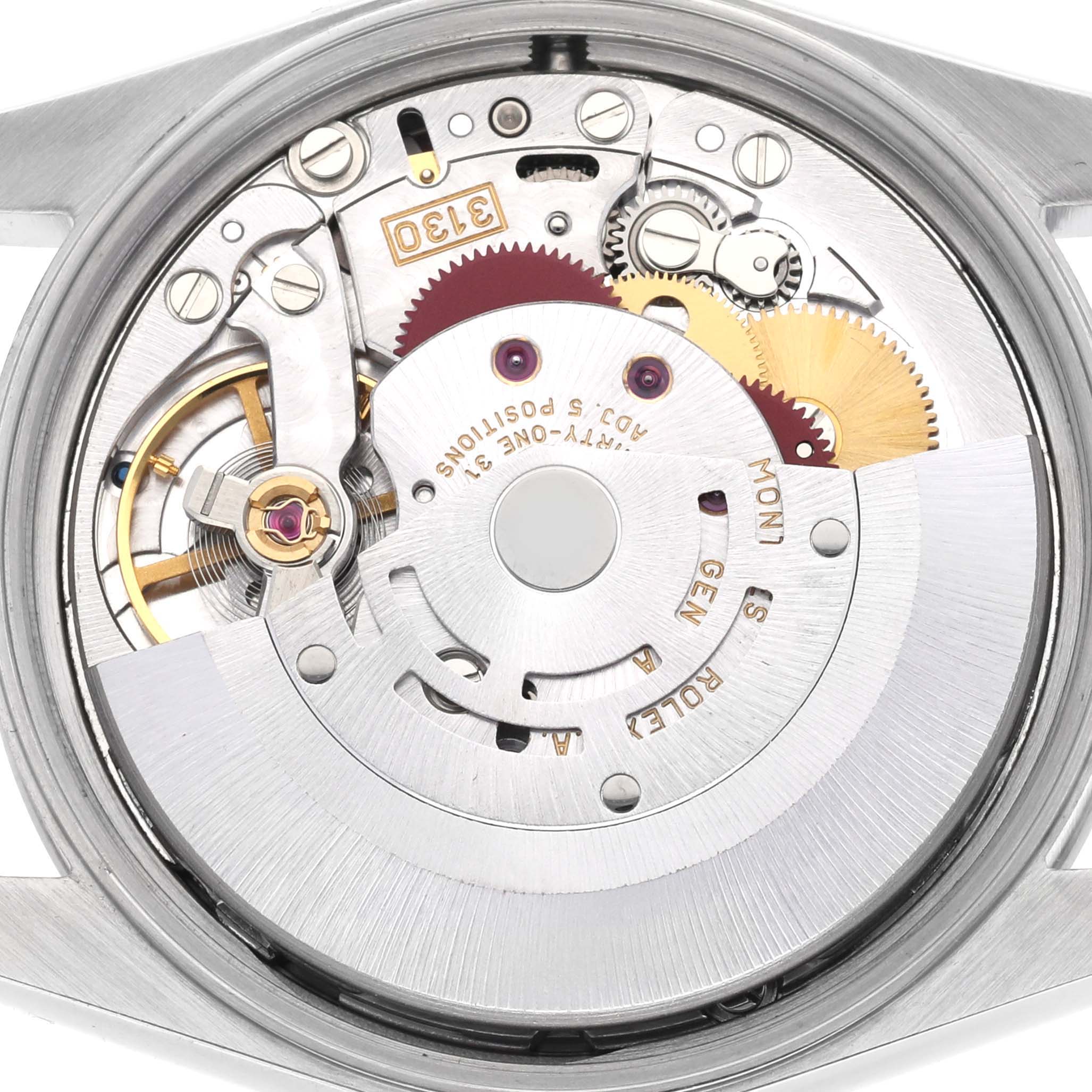 The image shows the internal mechanism of the Rolex Air-King 14000 Men's Stainless Steel Silver Dial 14000 Men's Stainless Steel Silver Dial watch from a top-down angle.