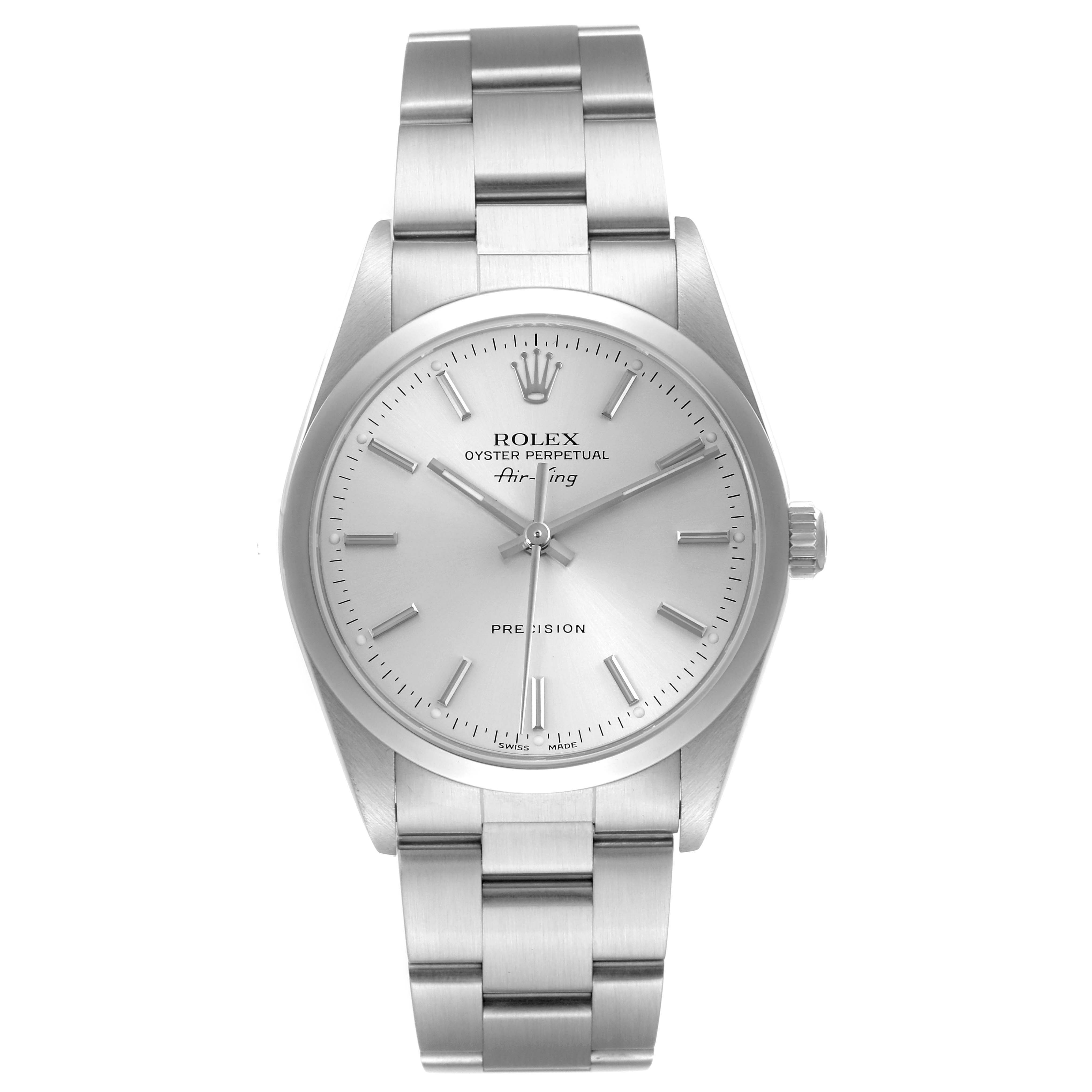 The Rolex Air-King 14000 Men's Stainless Steel Silver Dial 14000 Men's Stainless Steel Silver Dial watch is shown from the front, displaying the dial, bezel, and bracelet.