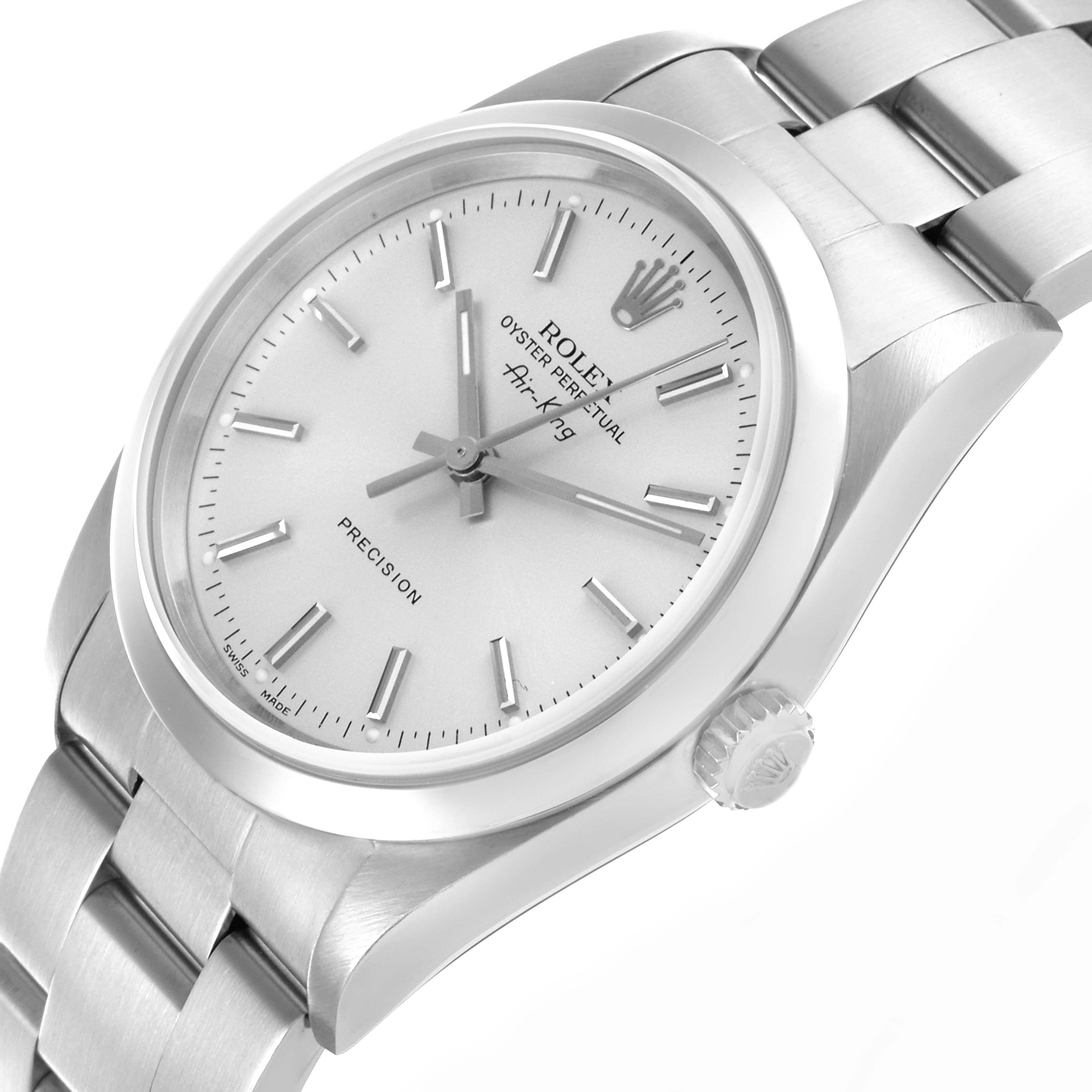 The Rolex Air-King 14000 Men's Stainless Steel Silver Dial 14000 Men's Stainless Steel Silver Dial watch is shown at a slight angle, highlighting the dial, bezel, crown, and part of the bracelet.