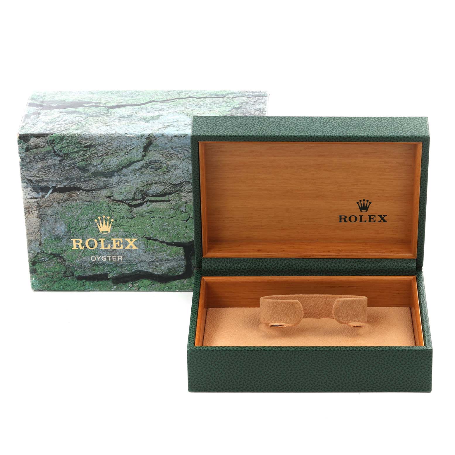 The image shows an open Rolex Air-King 14000 Men's Stainless Steel Silver Dial 14000 Men's Stainless Steel Silver Dial watch box with a green textured exterior and a wooden interior.