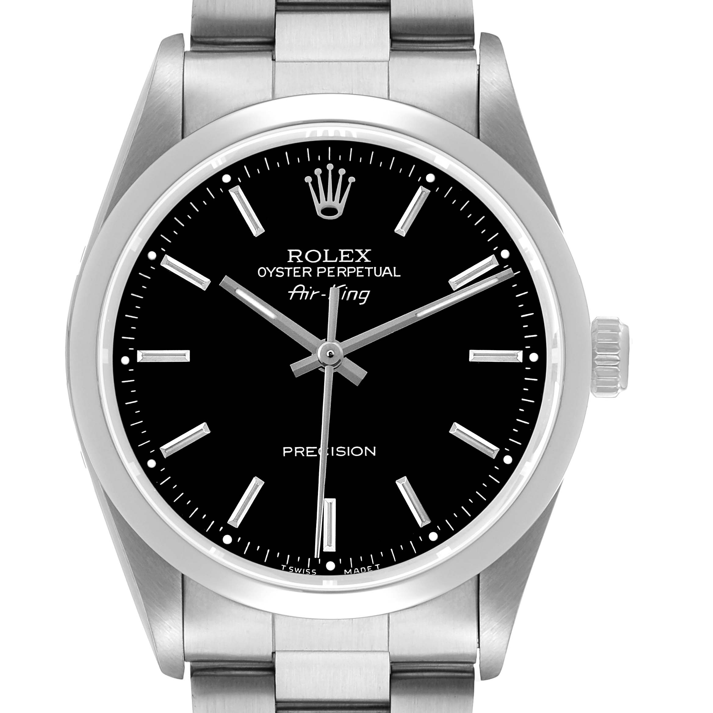 The Rolex Oyster Perpetual 14000 Men's Stainless Steel Black Dial watch is shown from the front, displaying the dial, bezel, and part of the bracelet.