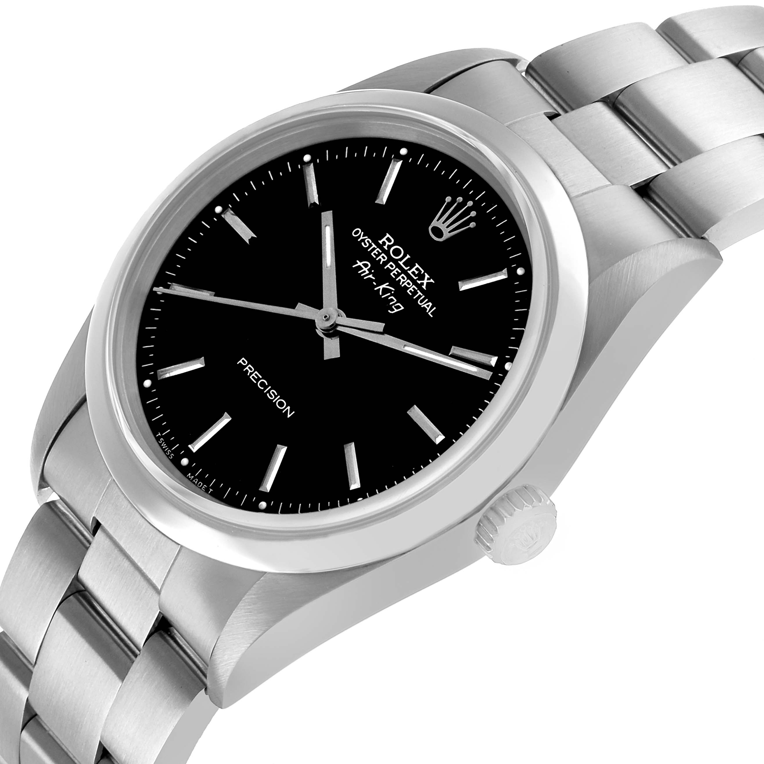 The Rolex Oyster Perpetual 14000 Men's Stainless Steel Black Dial is shown at a slight angle, displaying the watch face, bezel, crown, and part of the bracelet.