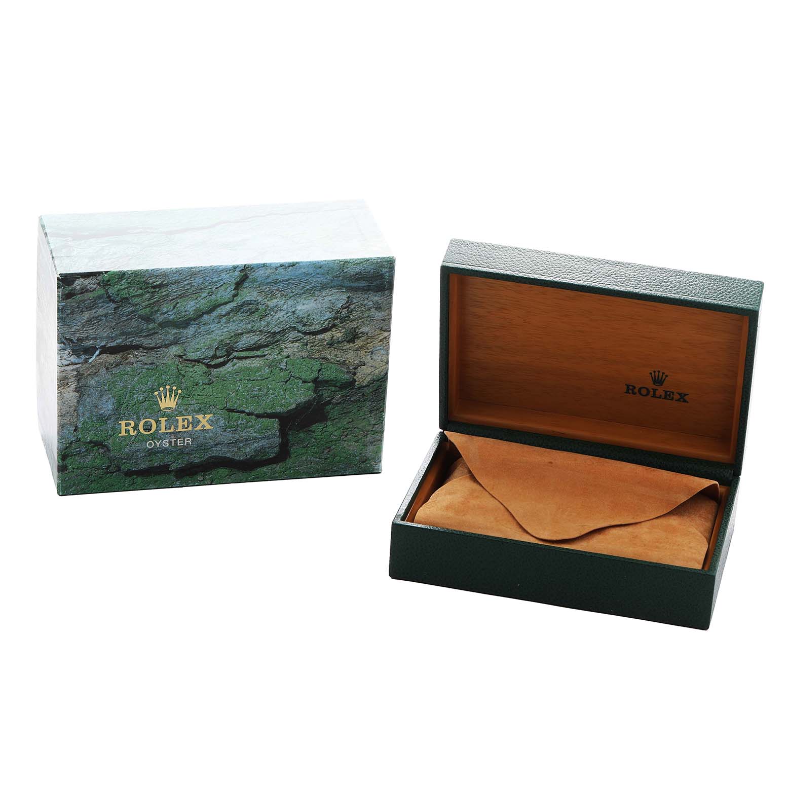 The image shows the packaging and box of a Rolex Oyster Perpetual 14000 Men's Stainless Steel Black Dial watch, including an outer box and an open display box with a suede pouch.