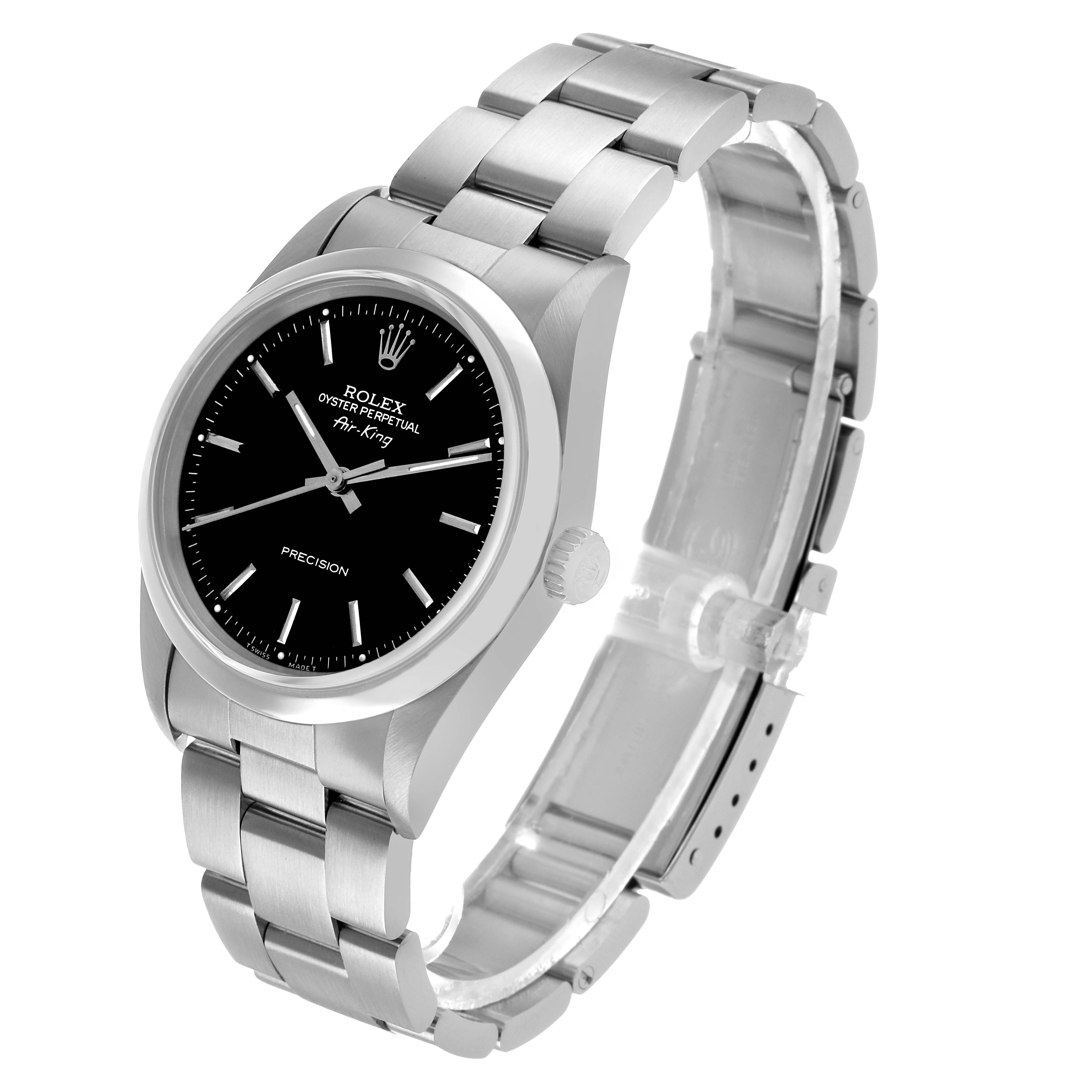 The Rolex Oyster Perpetual 14000 Men's Stainless Steel Black Dial watch is shown at a slight angle, displaying the dial, bezel, and bracelet.