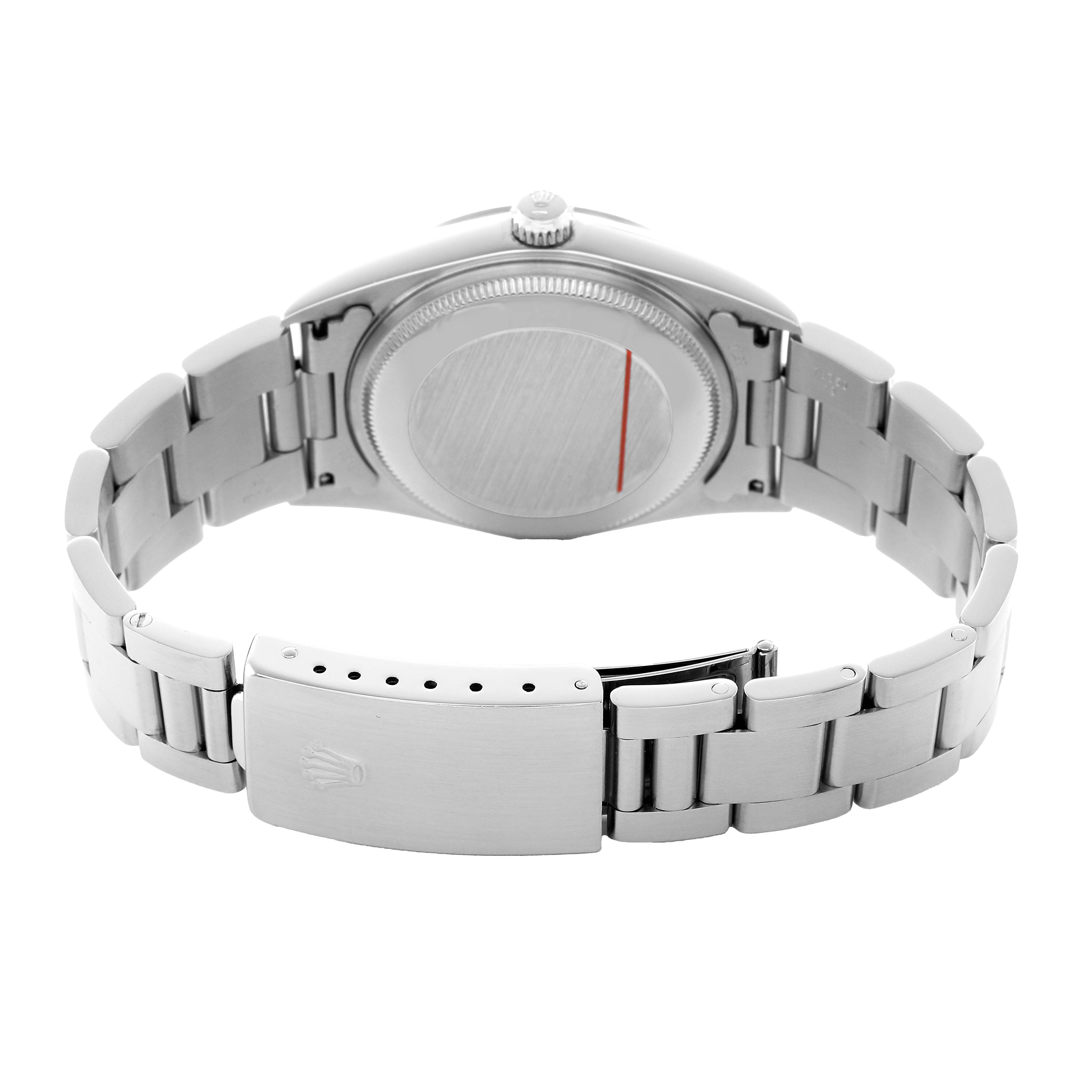 The image shows the back view of a Rolex Oyster Perpetual 14000 Men's Stainless Steel Black Dial, highlighting the case back and bracelet with a clasp.