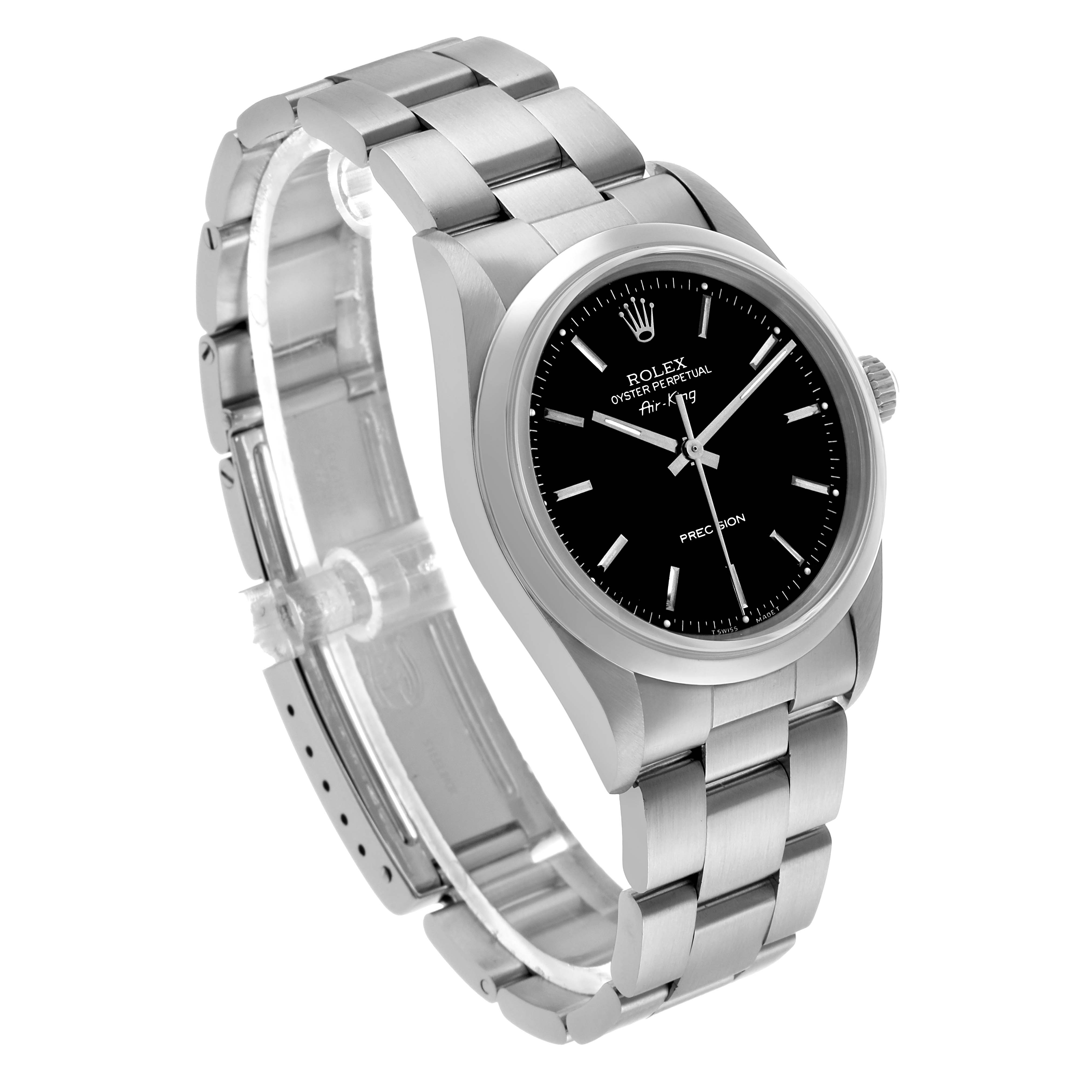 The Rolex Oyster Perpetual 14000 Men's Stainless Steel Black Dial watch is shown at a three-quarter angle displaying the dial, bezel, bracelet, and crown.