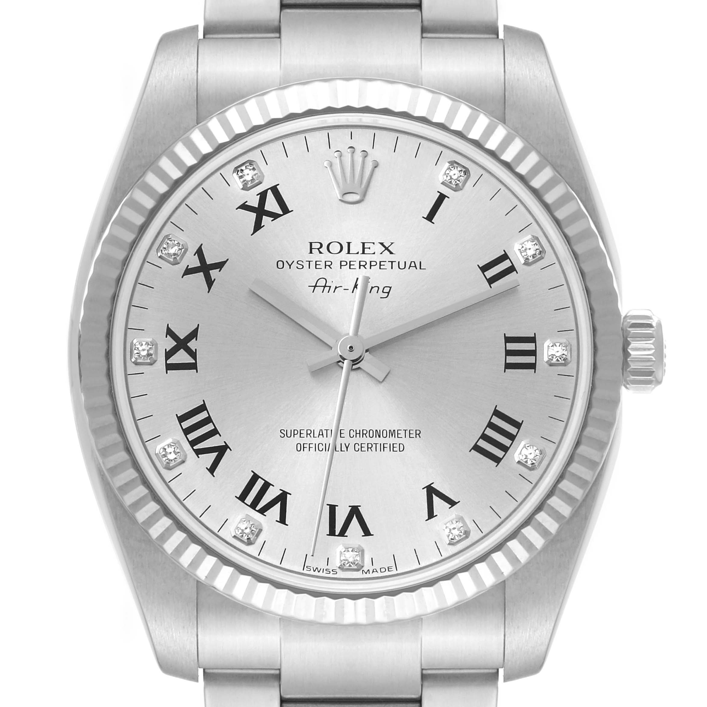 This image shows a front view of the Rolex Air-King 114234 Men's Stainless Steel Silver Dial 114234 Men's Stainless Steel Silver Dial watch, displaying the face, bezel, crown, and part of the bracelet.