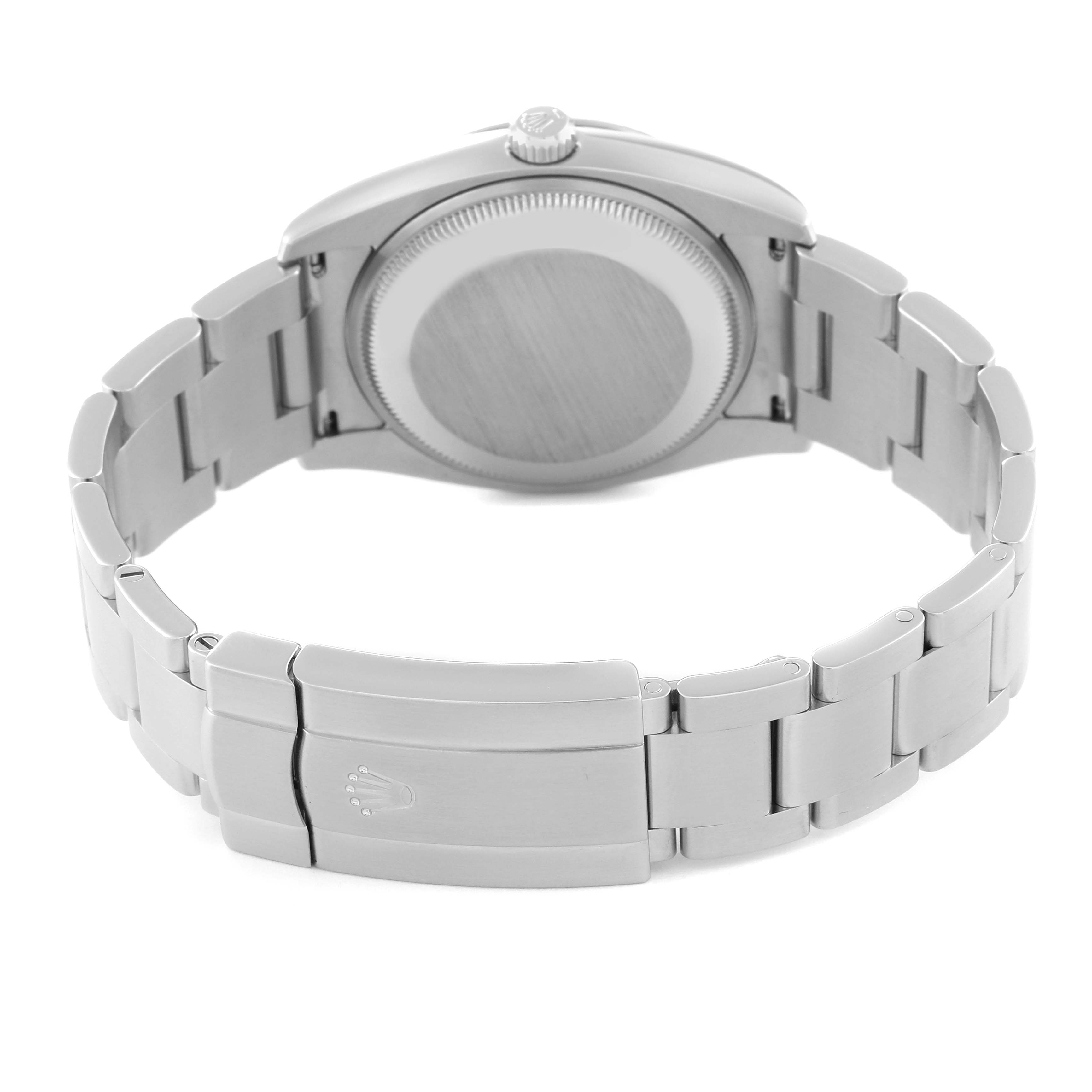 This image shows the back view of a Rolex Air-King 114234 Men's Stainless Steel Silver Dial 114234 Men's Stainless Steel Silver Dial watch, highlighting the case back, bracelet, and clasp.