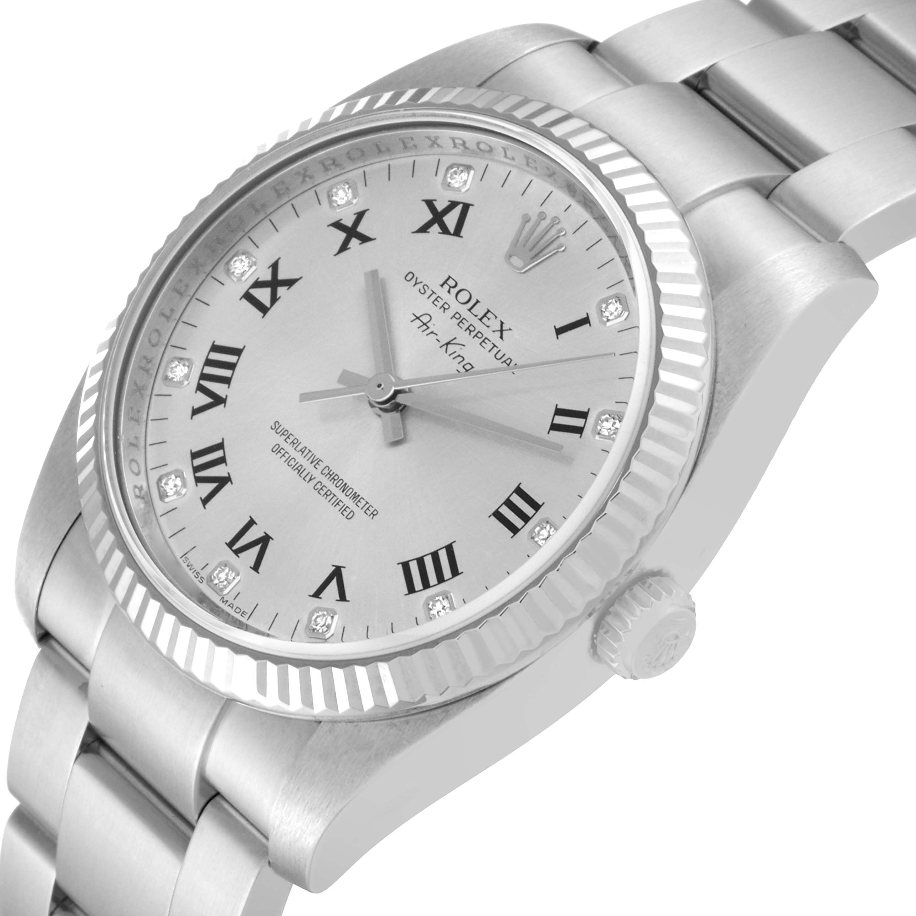 The image shows a close-up angle of a Rolex Air-King 114234 Men's Stainless Steel Silver Dial 114234 Men's Stainless Steel Silver Dial watch, highlighting its dial, bezel, and part of the bracelet.