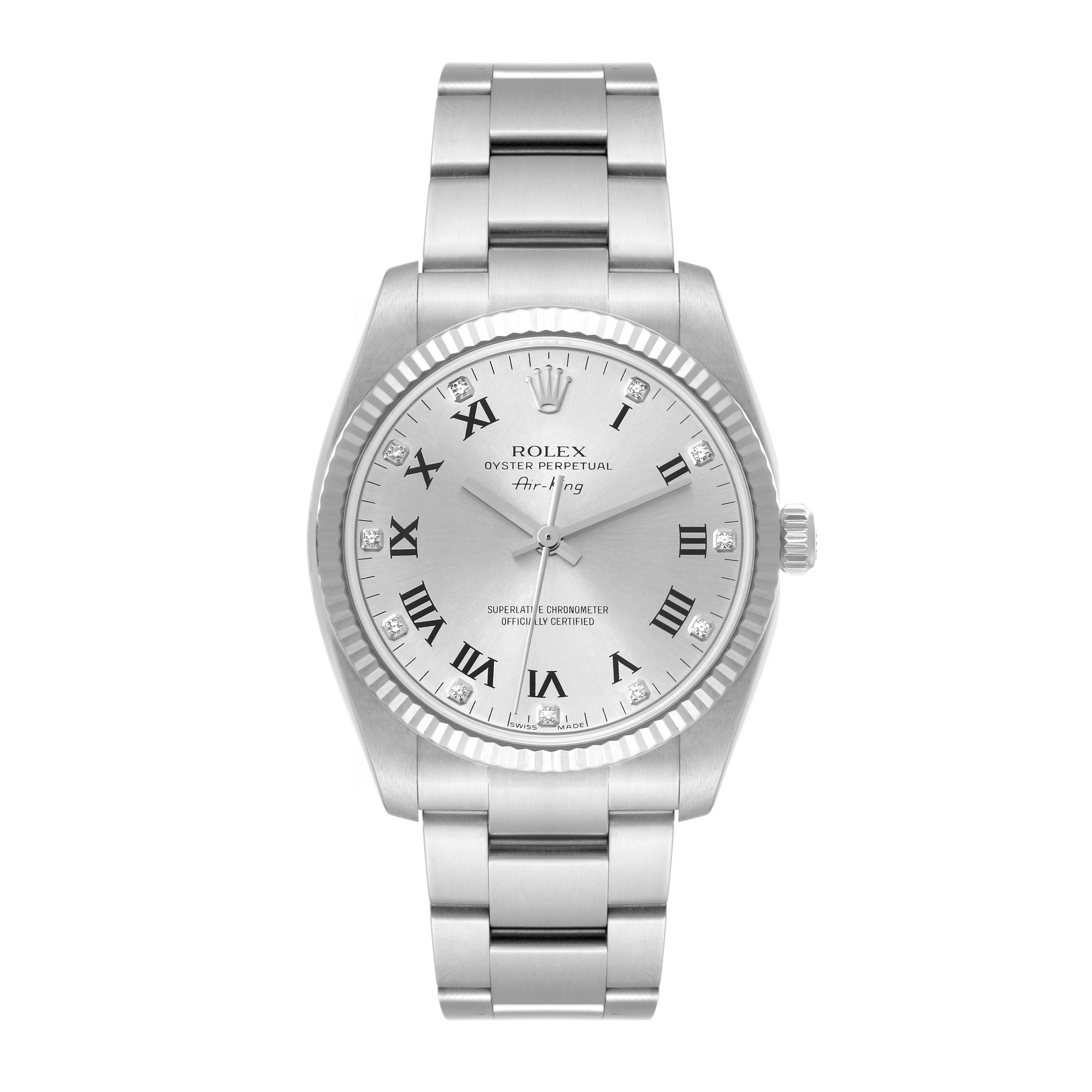 The image shows a full front view of a Rolex Air-King 114234 Men's Stainless Steel Silver Dial 114234 Men's Stainless Steel Silver Dial watch, displaying the dial, case, and bracelet.