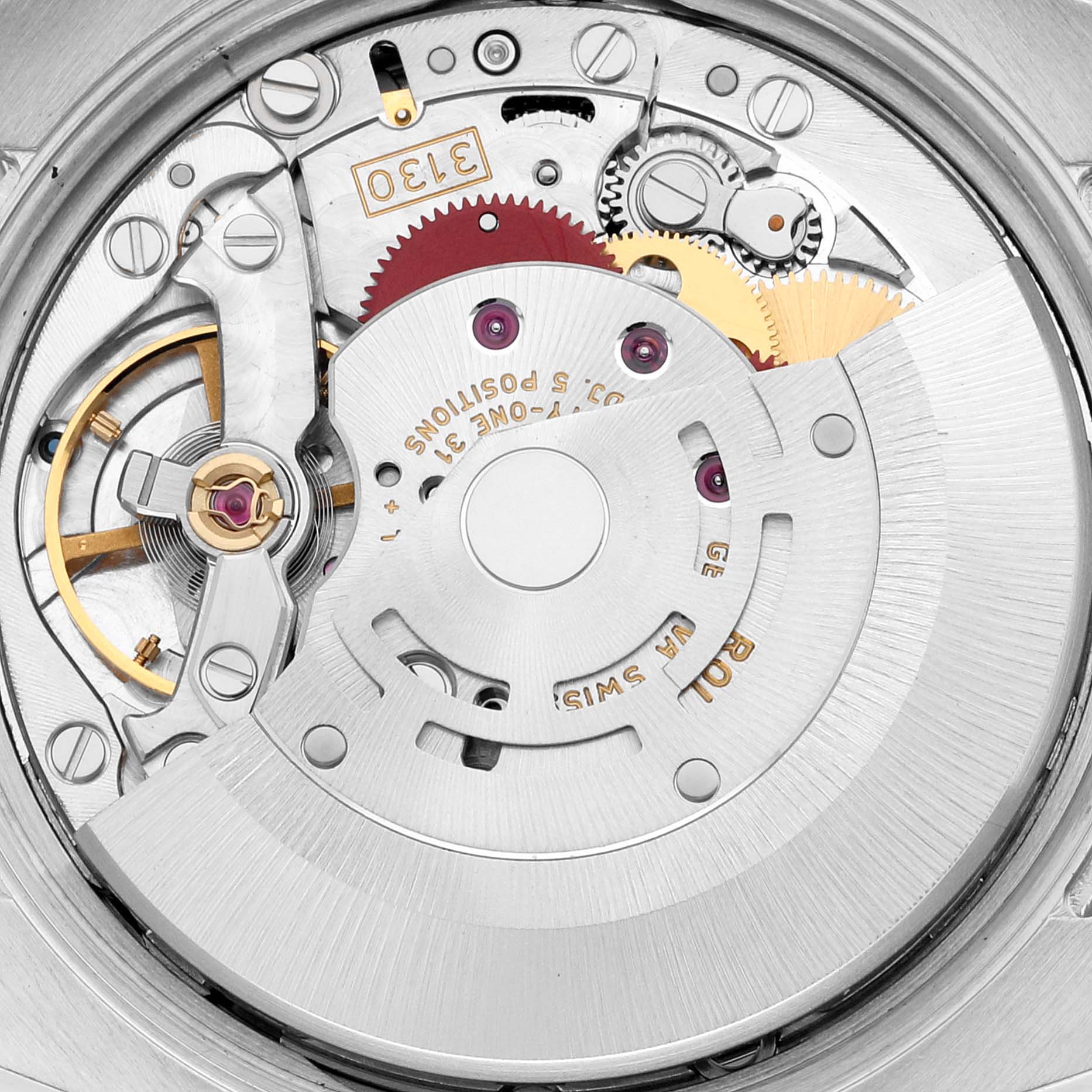 This image shows the internal movement mechanism of a Rolex Air-King 114234 Men's Stainless Steel Silver Dial 114234 Men's Stainless Steel Silver Dial watch, viewed from the back.