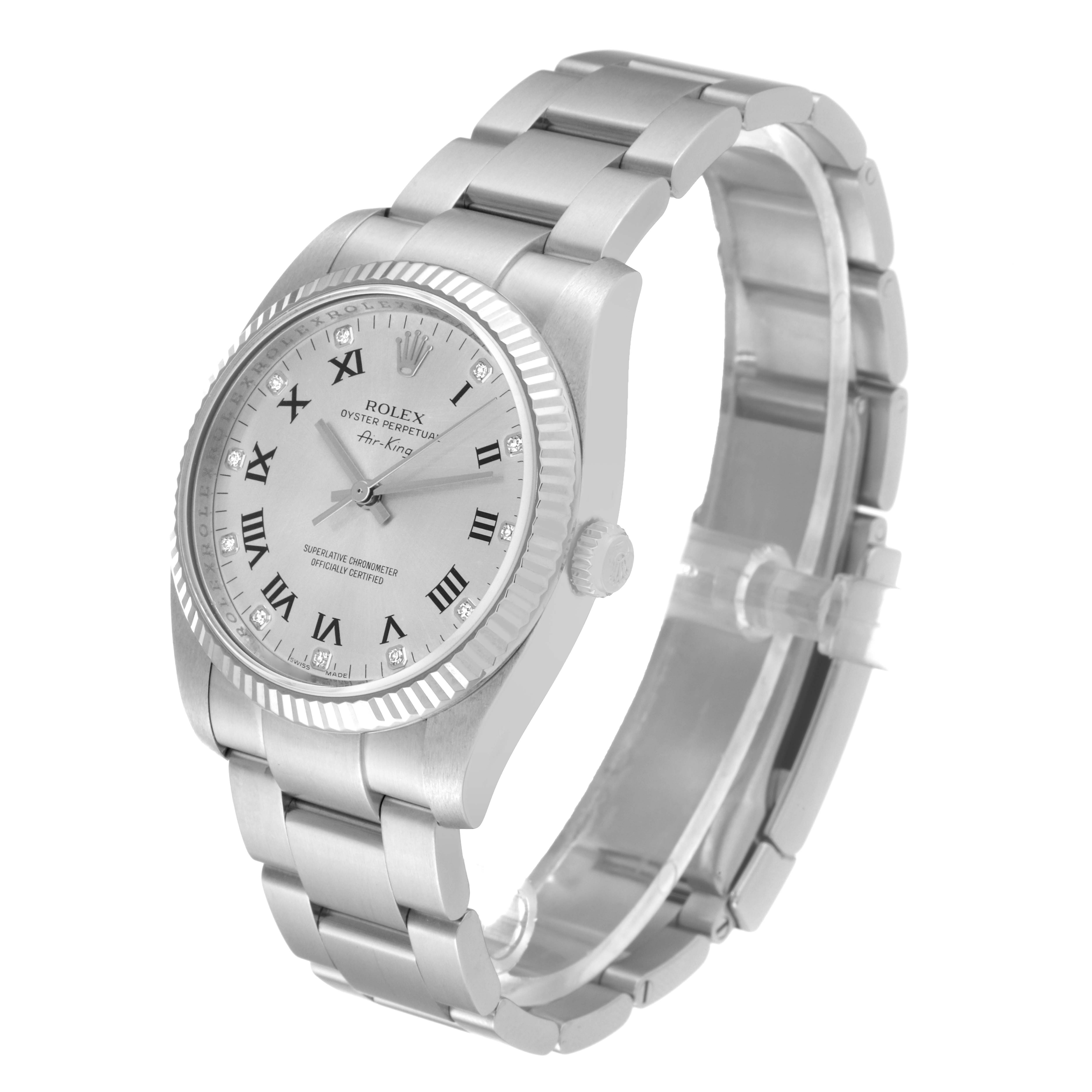 The Rolex Air-King 114234 Men's Stainless Steel Silver Dial 114234 Men's Stainless Steel Silver Dial watch is shown at a slight angle, displaying the dial, bezel, crown, and part of the bracelet.