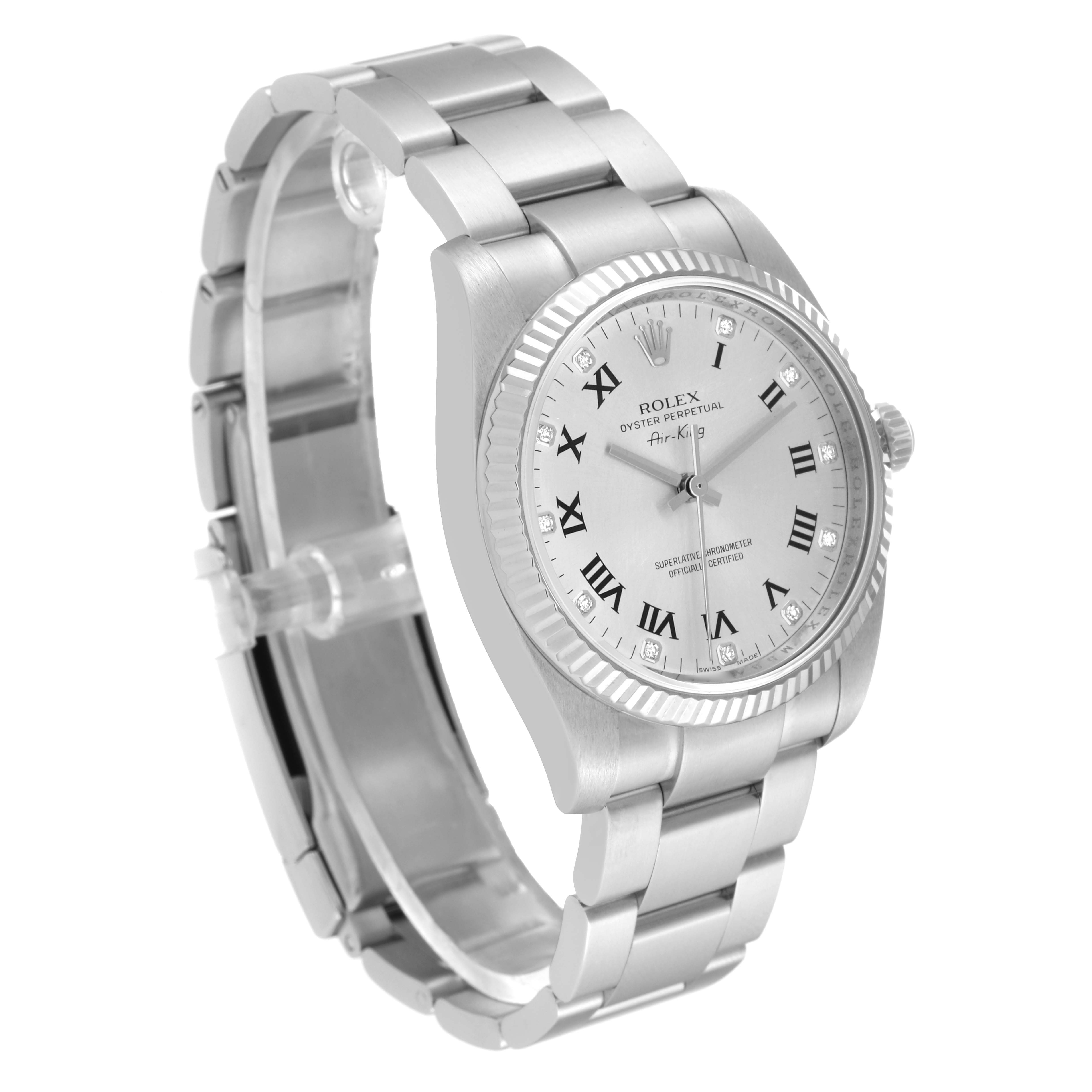 This Rolex Air-King 114234 Men's Stainless Steel Silver Dial 114234 Men's Stainless Steel Silver Dial watch is shown in a three-quarter angle, highlighting the bracelet, case, dial, and crown.