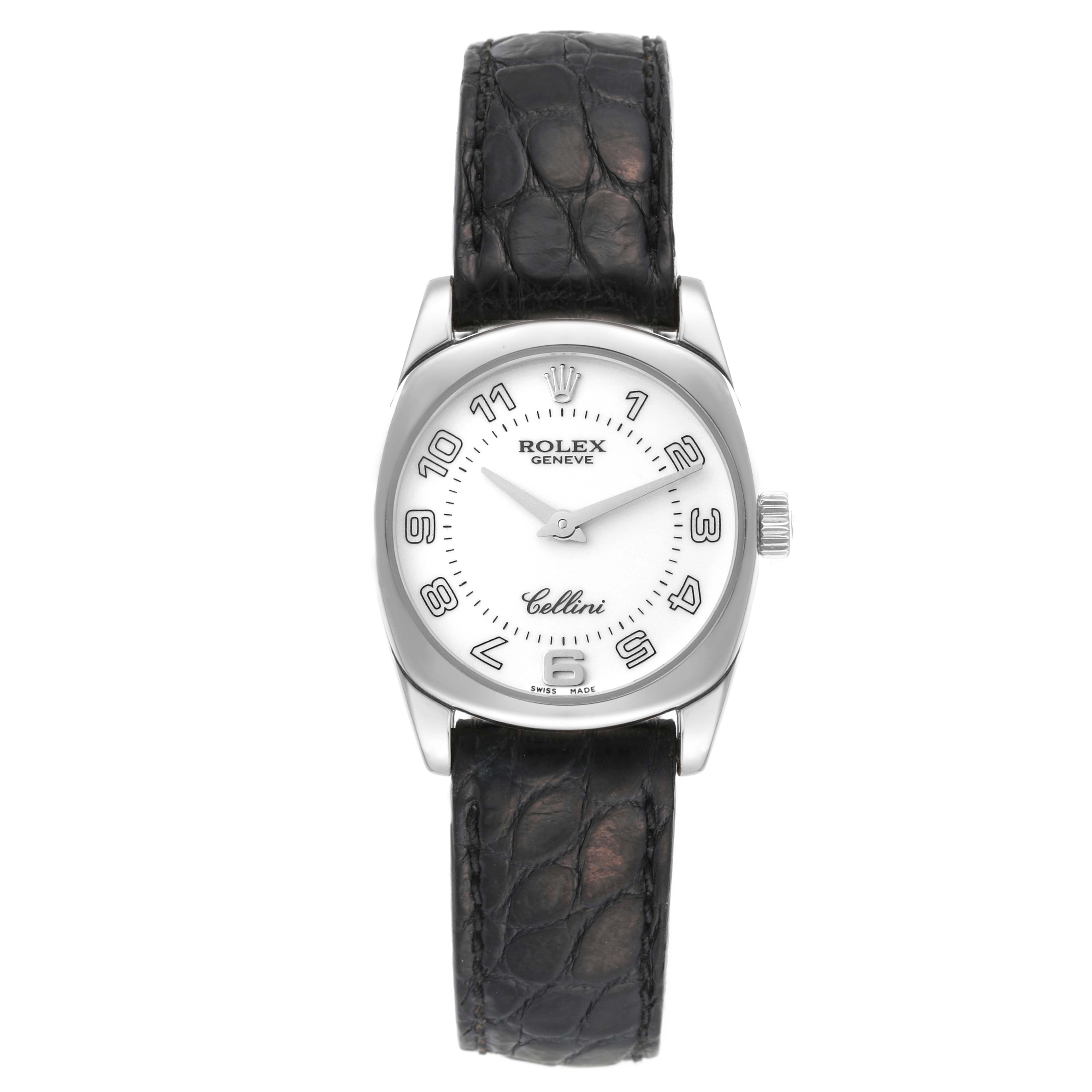 The image shows a front view of a Rolex Cellini 6229 Women's White Gold White Dial 6229 Women's White Gold White Dial watch, highlighting the dial, case, and leather strap.