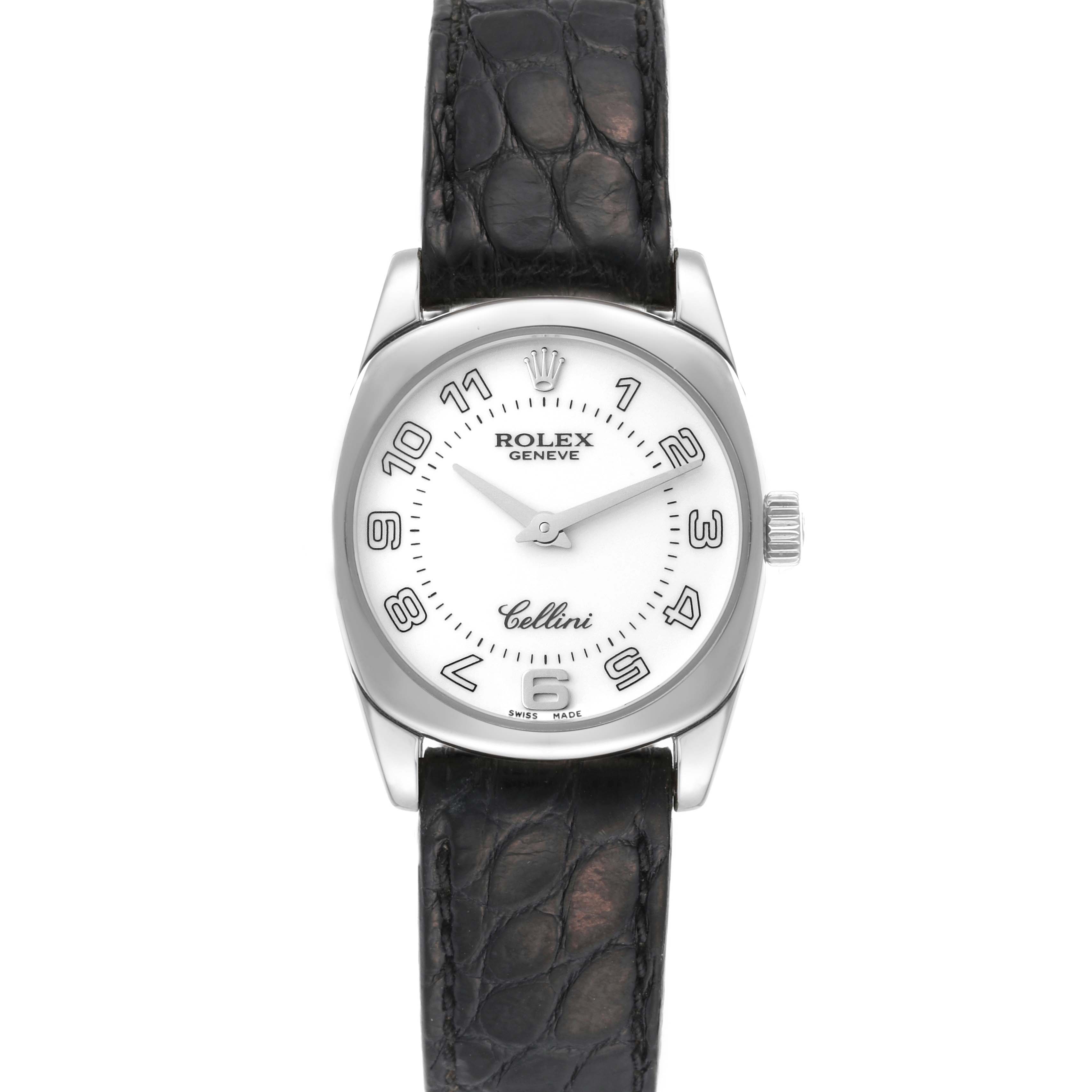 The image shows a front view of a Rolex Cellini 6229 Women's White Gold White Dial 6229 Women's White Gold White Dial watch displaying its face, dial, and black leather strap.