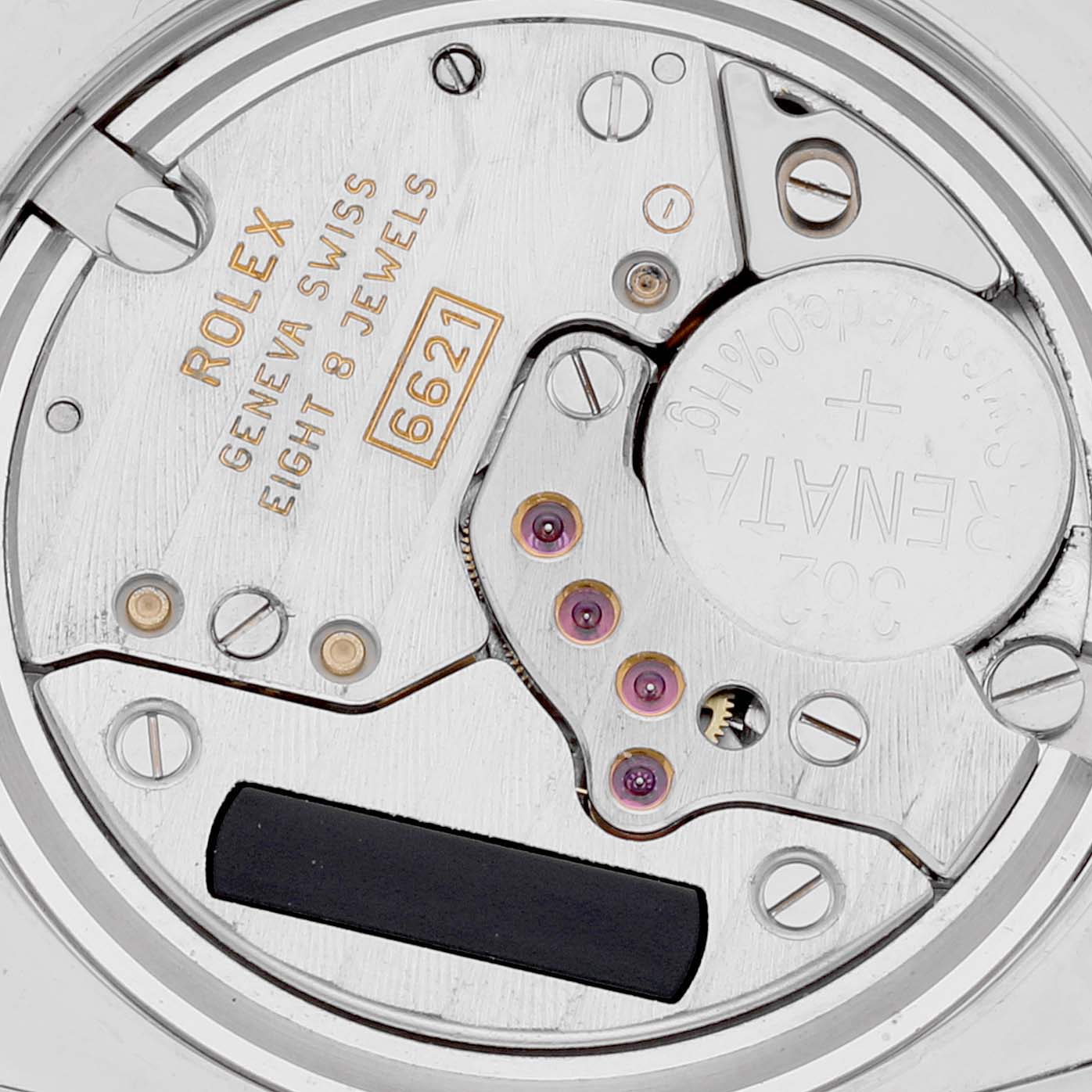 The image shows a close-up of the movement mechanism inside a Rolex Cellini 6229 Women's White Gold White Dial 6229 Women's White Gold White Dial watch, highlighting the 6621 model number.