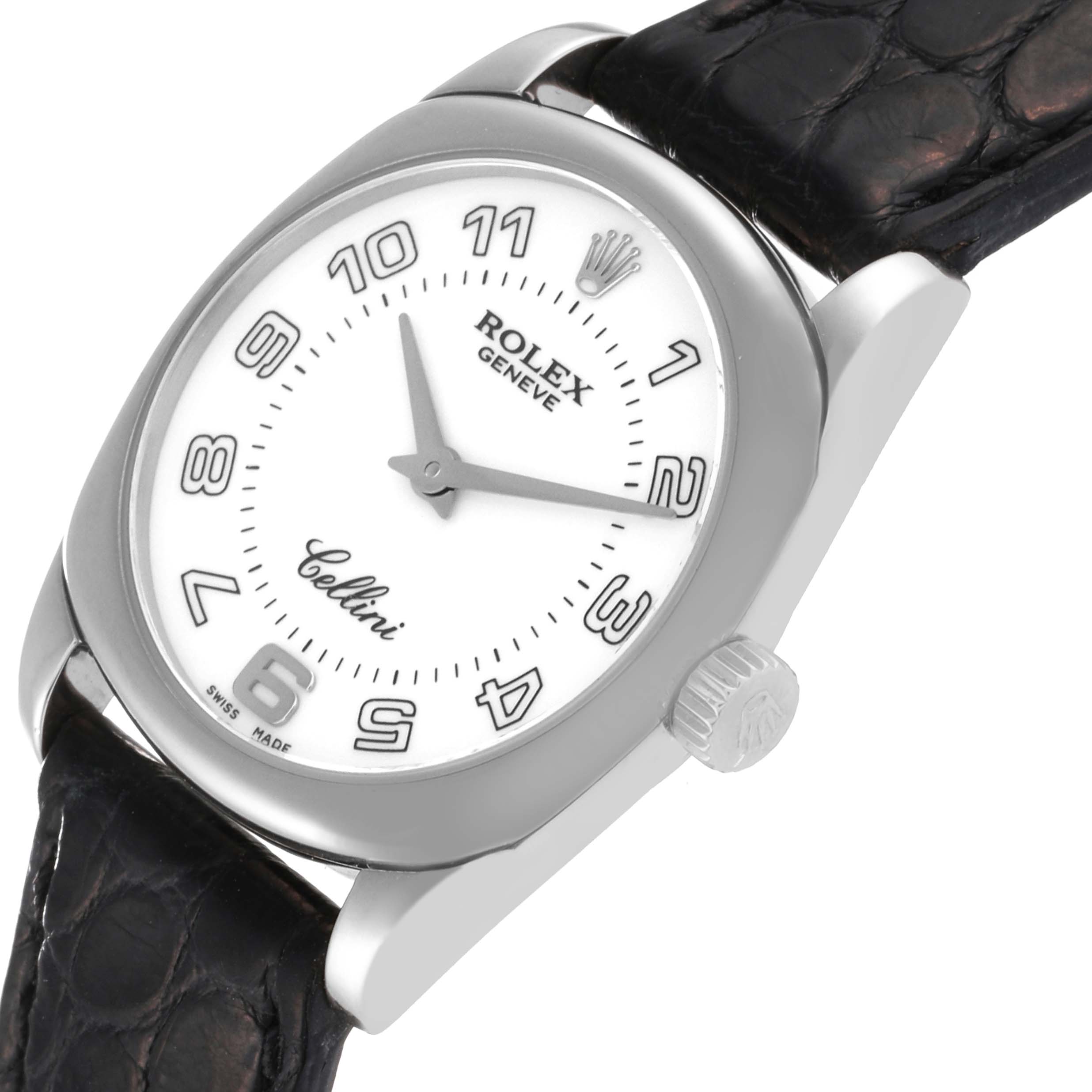 This image shows a close-up, angled view of the Rolex Cellini 6229 Women's White Gold White Dial 6229 Women's White Gold White Dial watch, highlighting its dial, crown, and part of the strap.