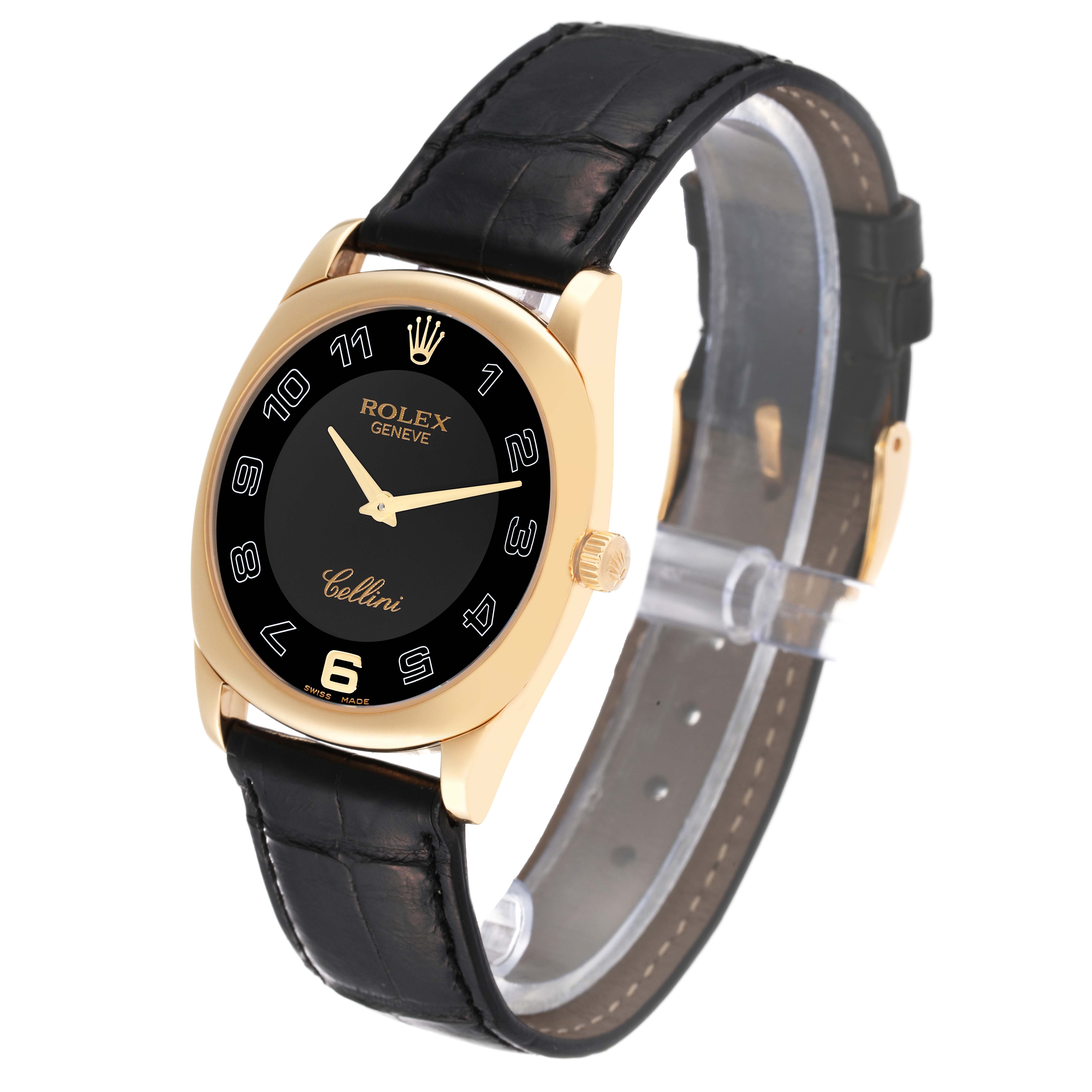 The image shows a Rolex Cellini 4233 Men's Yellow Gold Black Dial 4233 Men's Yellow Gold Black Dial watch at a 3/4 angle, highlighting the face, gold case, black leather strap, and crown.