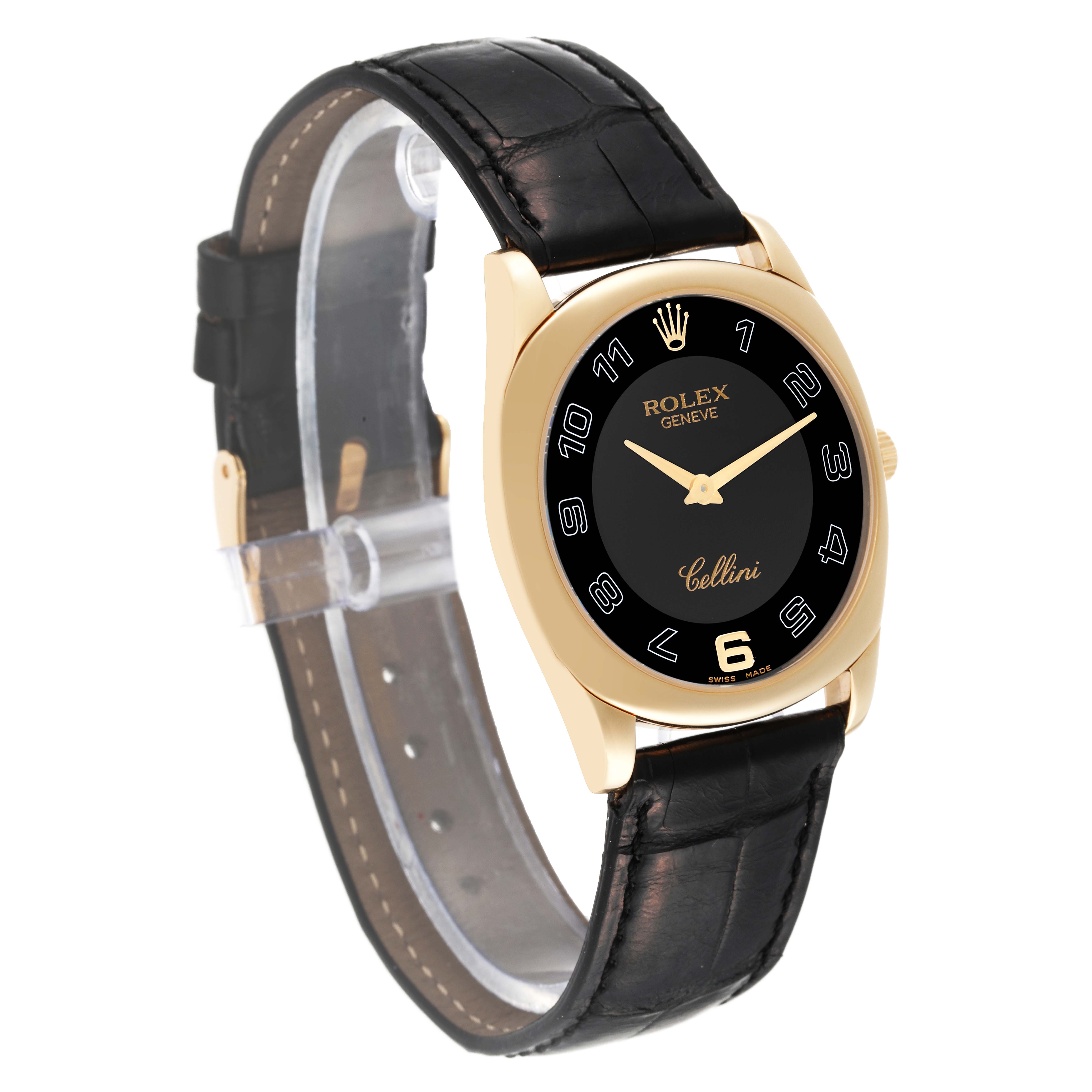 The image shows a Rolex Cellini 4233 Men's Yellow Gold Black Dial 4233 Men's Yellow Gold Black Dial watch at a slight angle, highlighting the face, case, strap, and part of the clasp.
