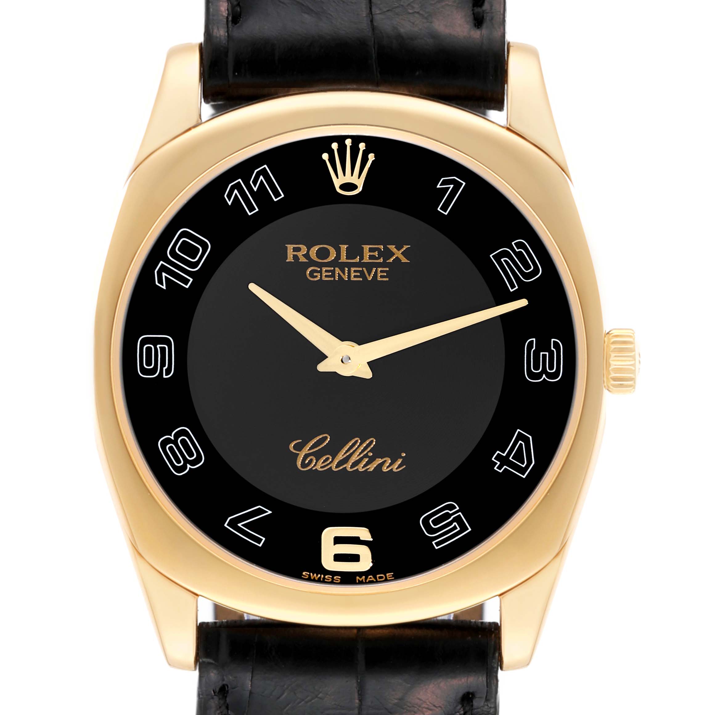 The image shows a front view of a Rolex Cellini 4233 Men's Yellow Gold Black Dial 4233 Men's Yellow Gold Black Dial watch, displaying the dial, hands, crown, and strap.