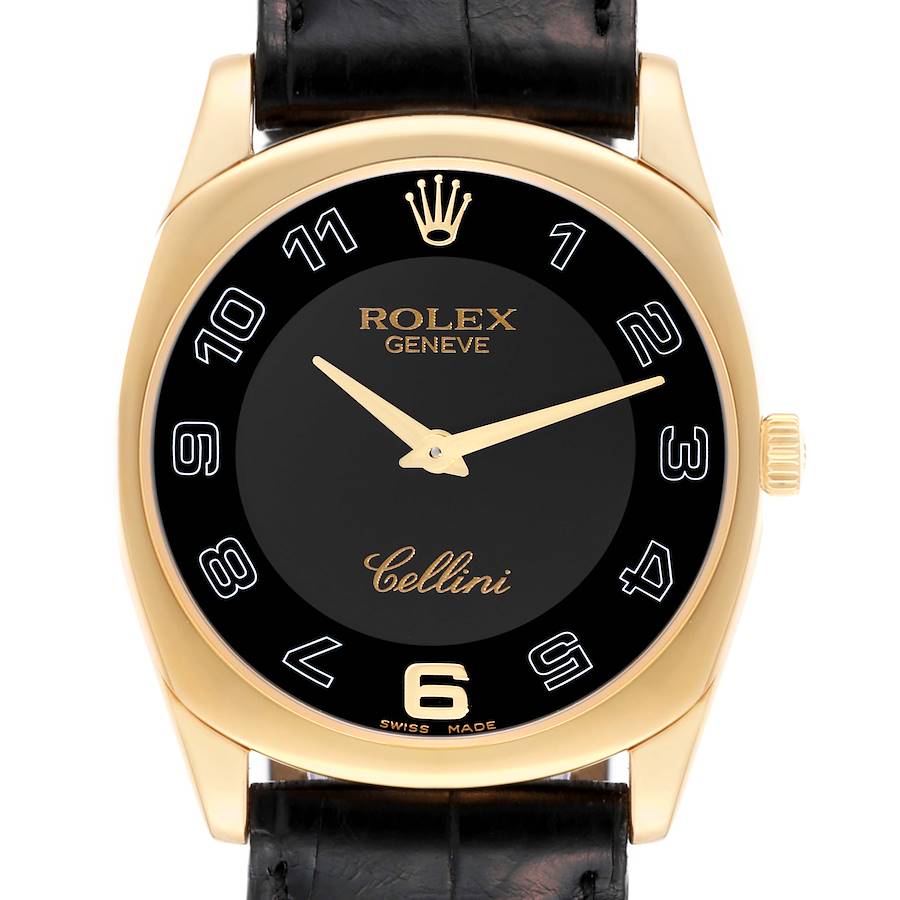 Rolex Cellini Danaos Yellow Gold Black Strap Mens Watch 4233 SwissWatchExpo
