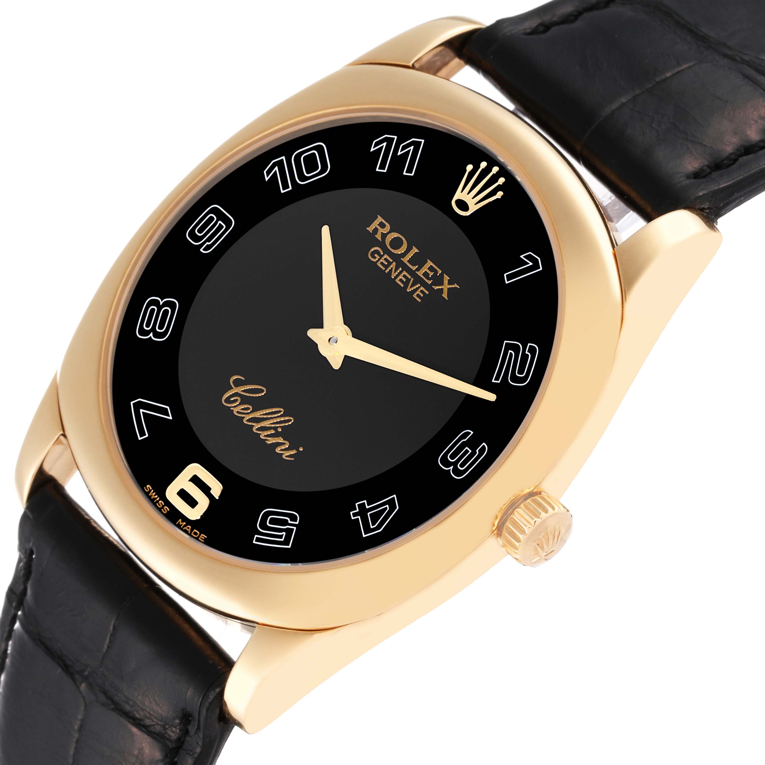 This image shows a Rolex Cellini 4233 Men's Yellow Gold Black Dial 4233 Men's Yellow Gold Black Dial watch from a slight side angle, showcasing the dial, case, crown, and part of the leather strap.