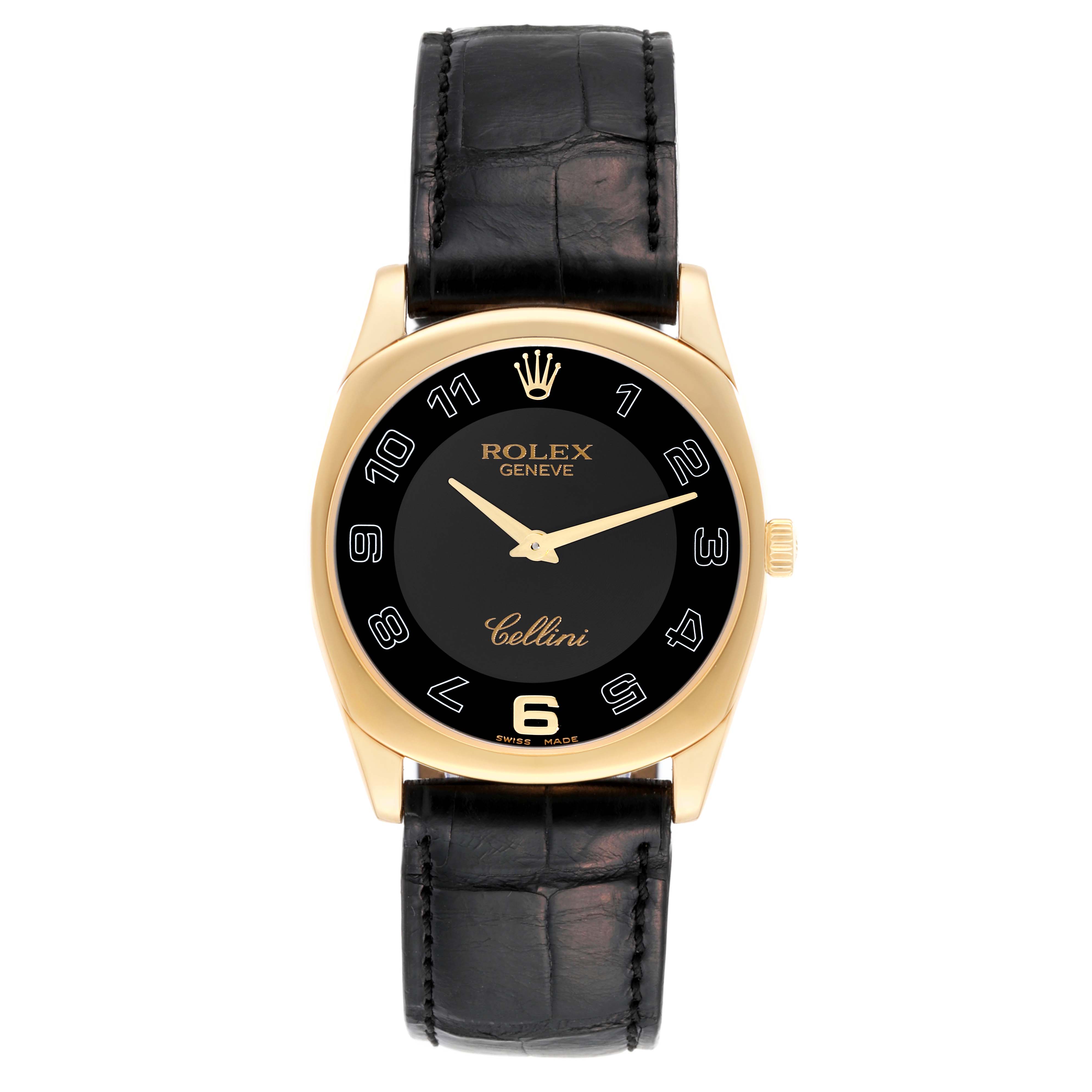 The image shows a front view of a Rolex Cellini 4233 Men's Yellow Gold Black Dial 4233 Men's Yellow Gold Black Dial watch, displaying its black dial, gold case, and black leather strap.
