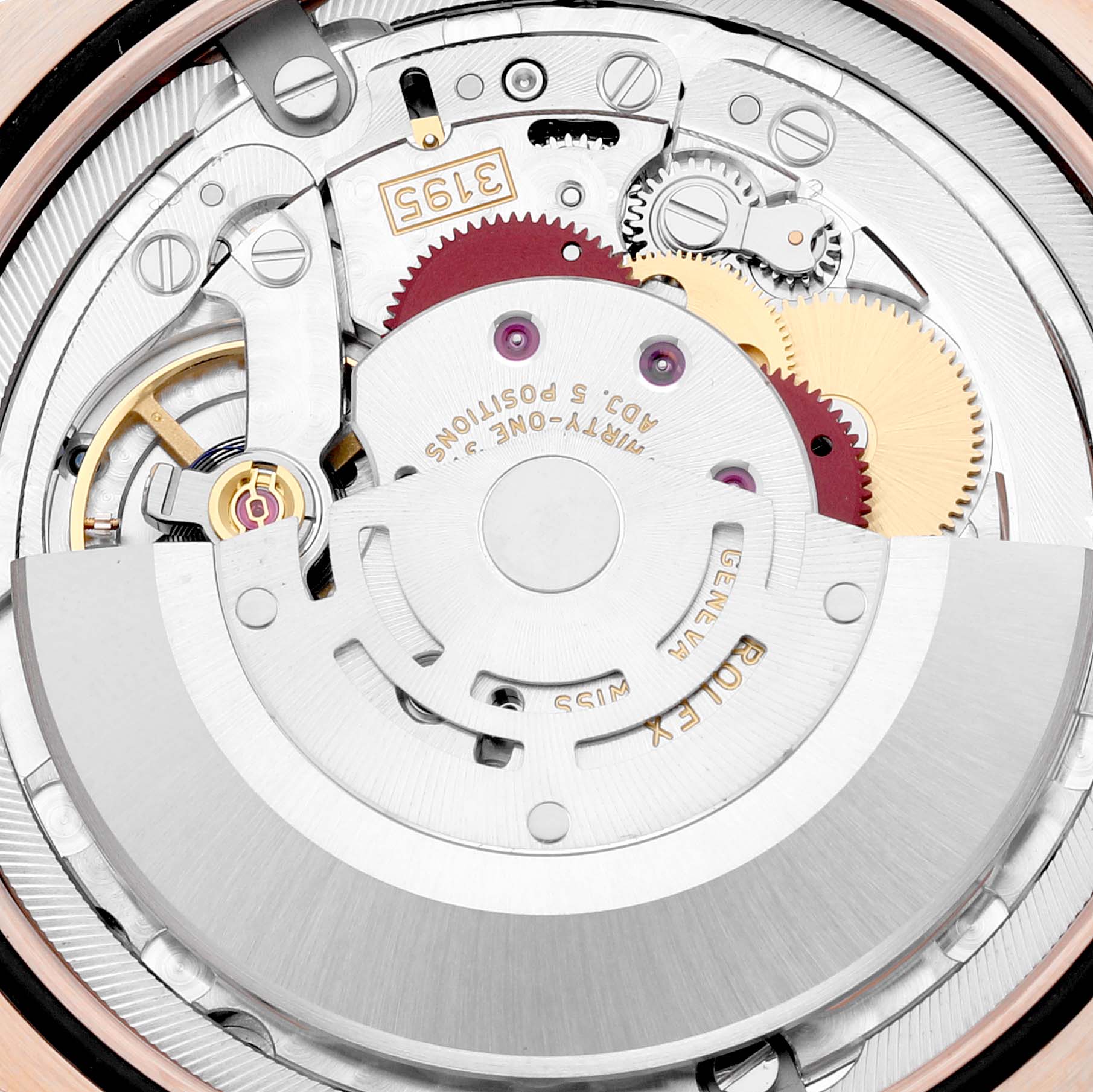 This image shows the internal mechanism and movement of a Rolex Cellini 50535 Men's Rose Gold White Dial 50535 Men's Rose Gold White Dial watch viewed from the back.