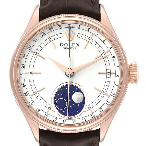 Photo of Rolex Cellini Moonphase White Dial Rose Gold Mens Watch 50535 Box Card
