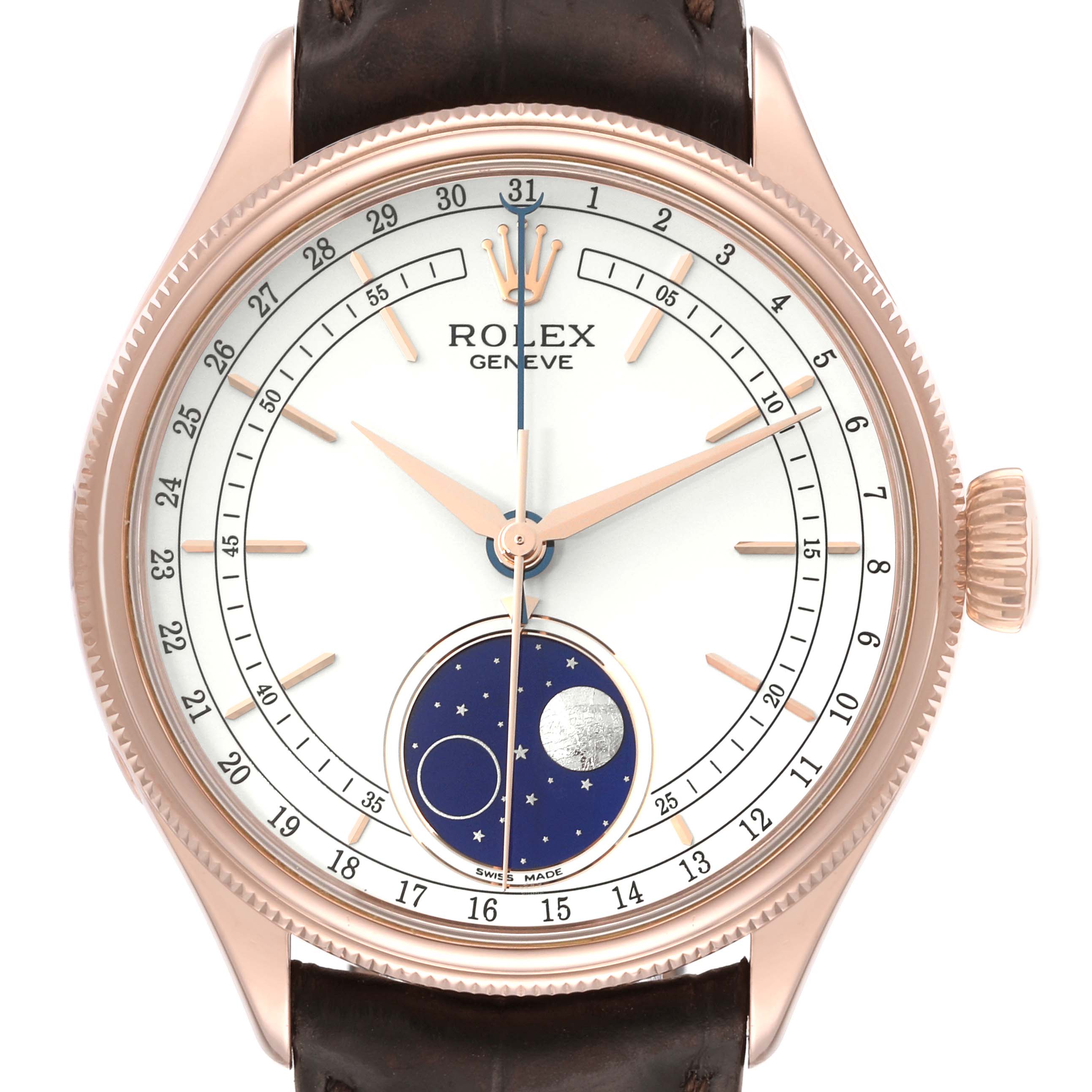This image shows the face of a Rolex Cellini 50535 Men's Rose Gold White Dial 50535 Men's Rose Gold White Dial watch, highlighting its dial, hands, moon phase display, and crown from a top-down angle.
