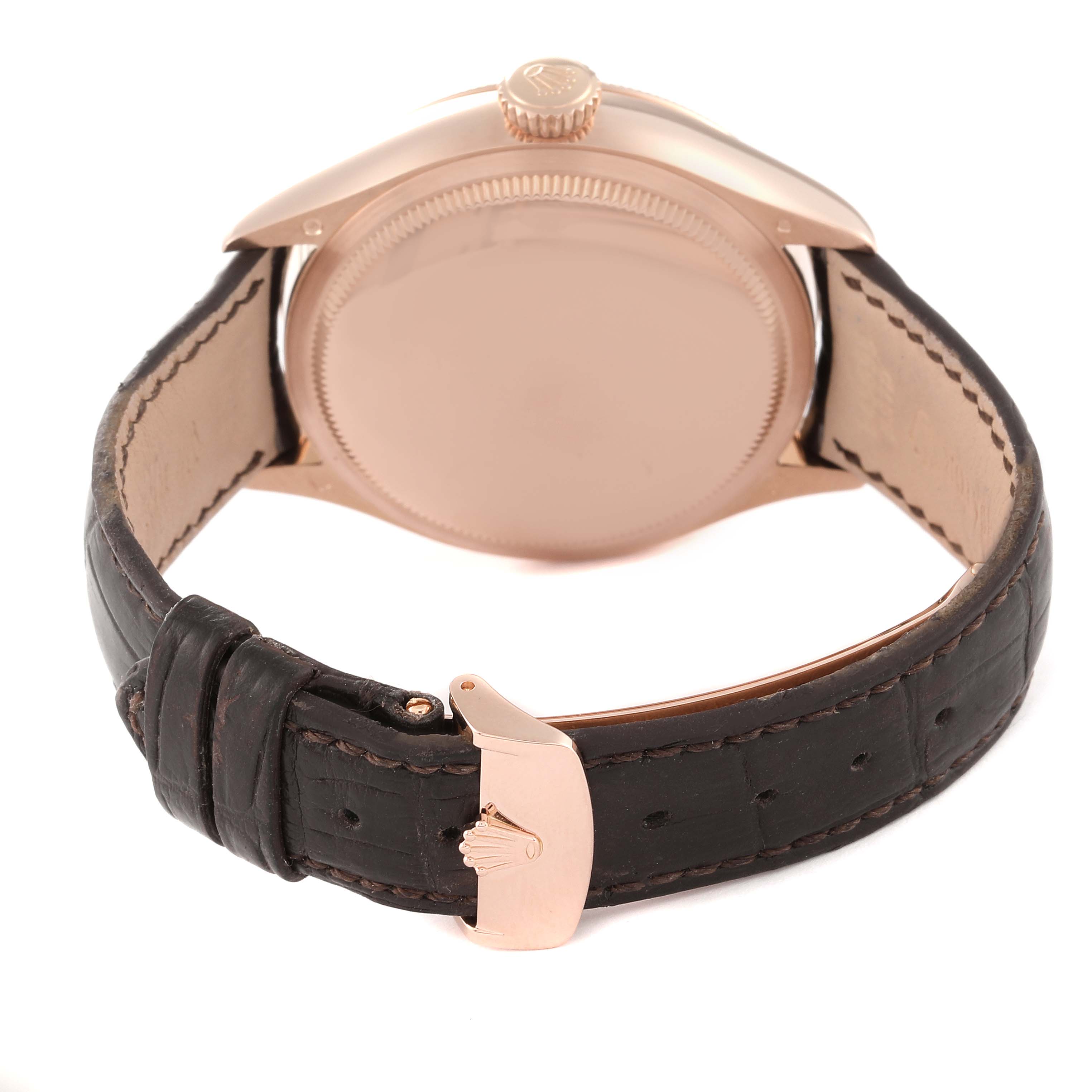 This image shows the back of a Rolex Cellini 50535 Men's Rose Gold White Dial 50535 Men's Rose Gold White Dial watch, featuring its rose gold case and black leather strap.