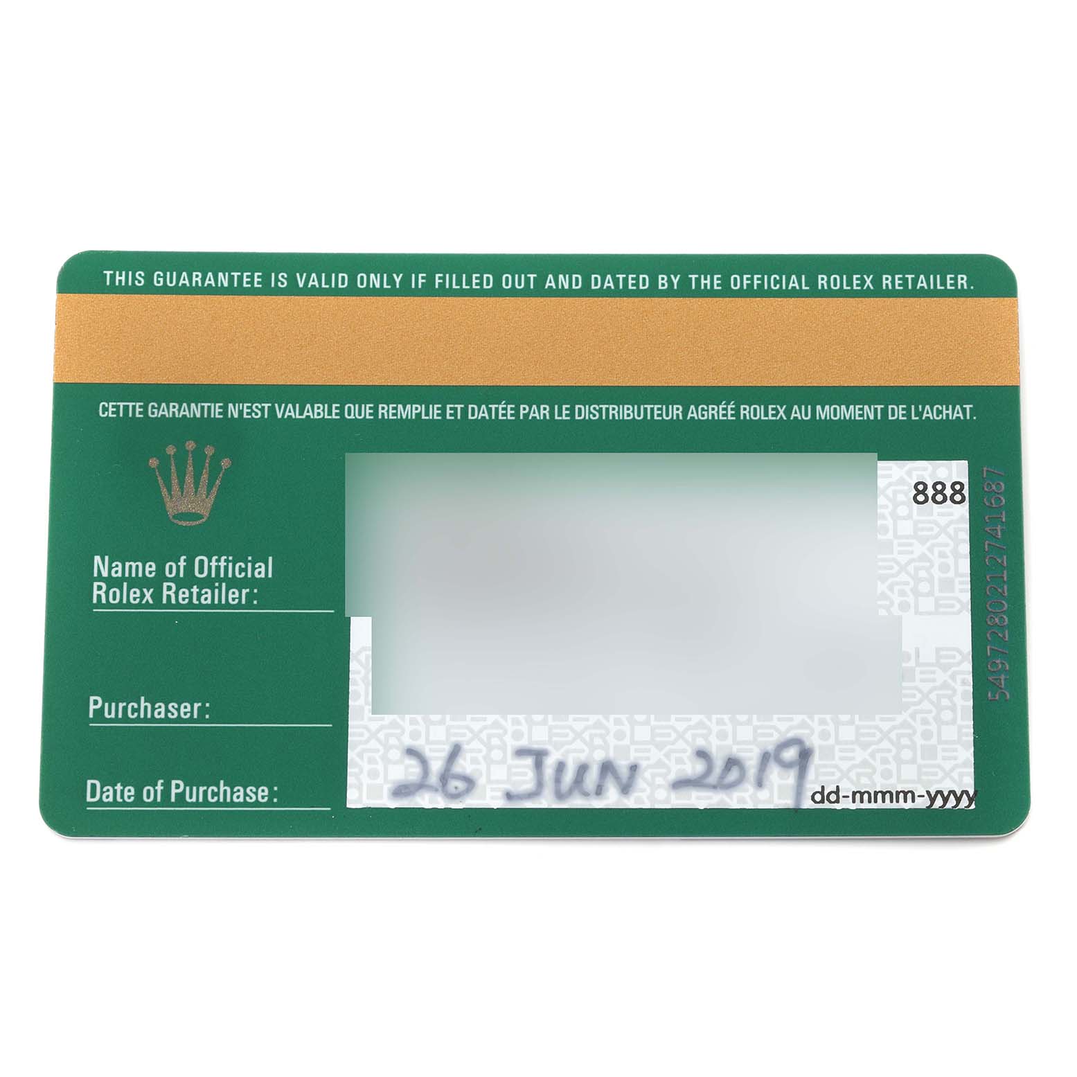 This image shows a warranty card for the Rolex Cellini 50535 Men's Rose Gold White Dial 50535 Men's Rose Gold White Dial model from a top-down angle.