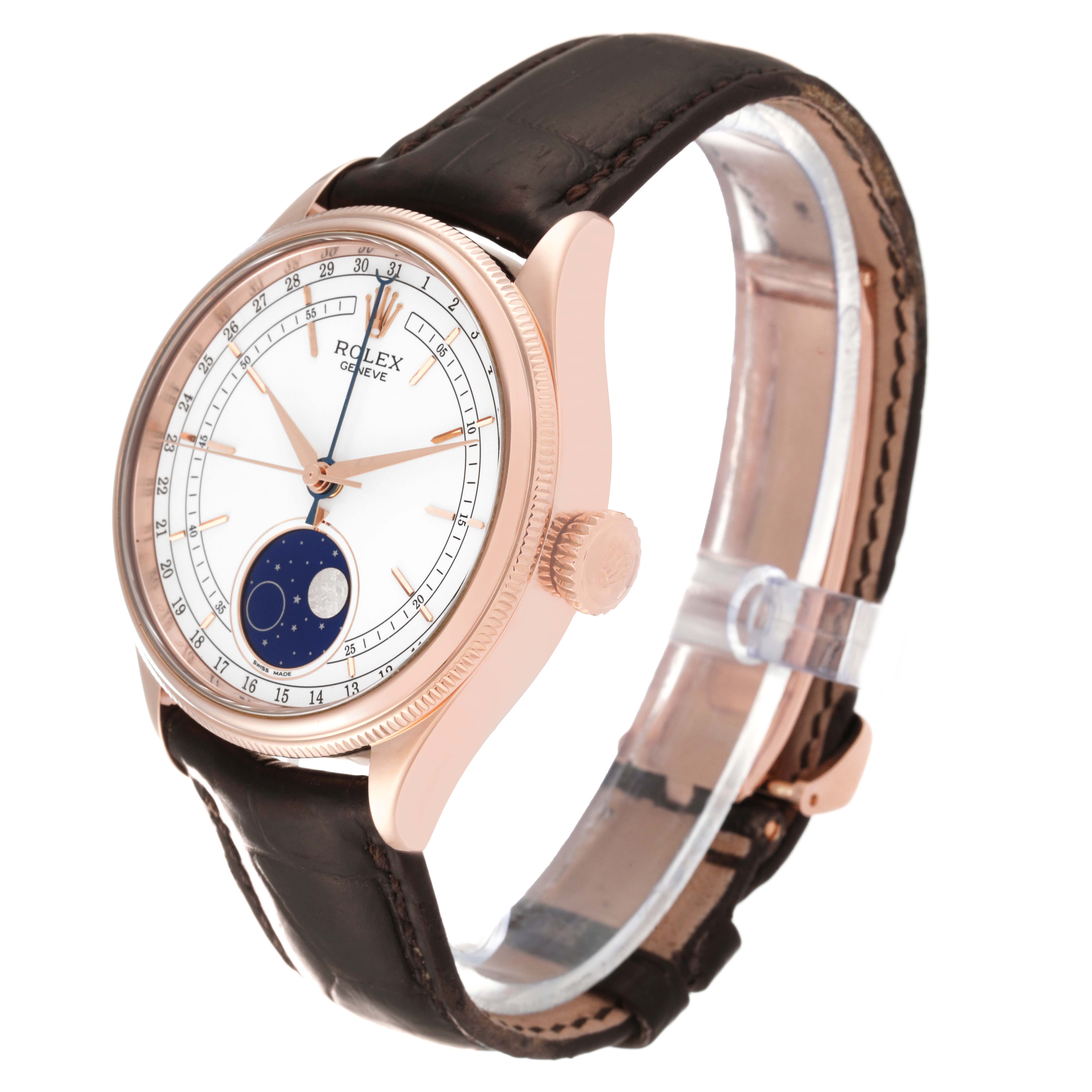 The Rolex Cellini 50535 Men's Rose Gold White Dial 50535 Men's Rose Gold White Dial watch is shown at a three-quarter angle highlighting its face, crown, and leather strap.