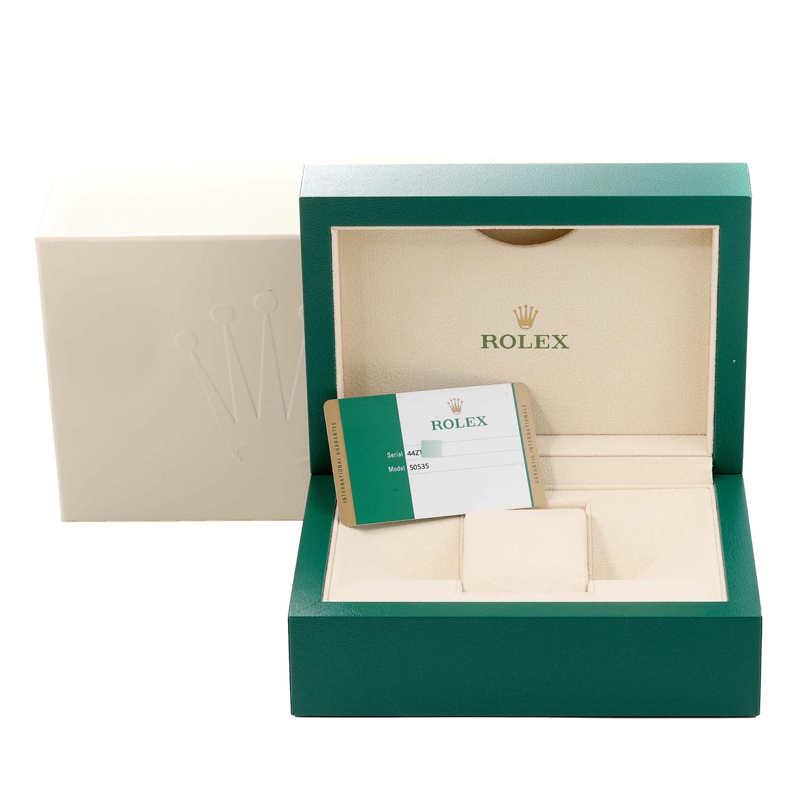 The image shows an open Rolex Cellini 50535 Men's Rose Gold White Dial 50535 Men's Rose Gold White Dial watch box from a front angle, with a certificate card displayed inside.