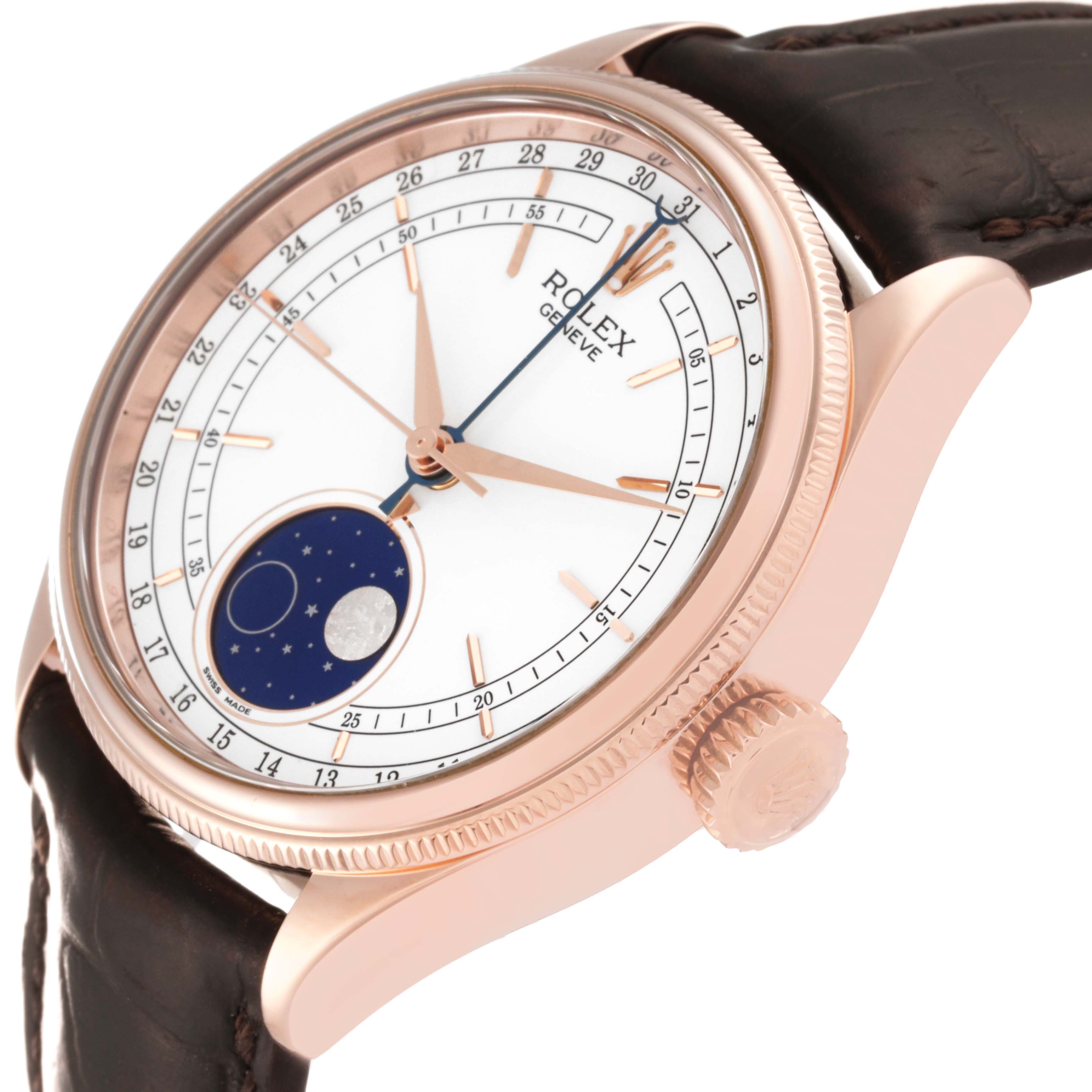 The image shows a close-up angle of a Rolex Cellini 50535 Men's Rose Gold White Dial 50535 Men's Rose Gold White Dial watch, highlighting its dial, crown, and part of the leather strap.