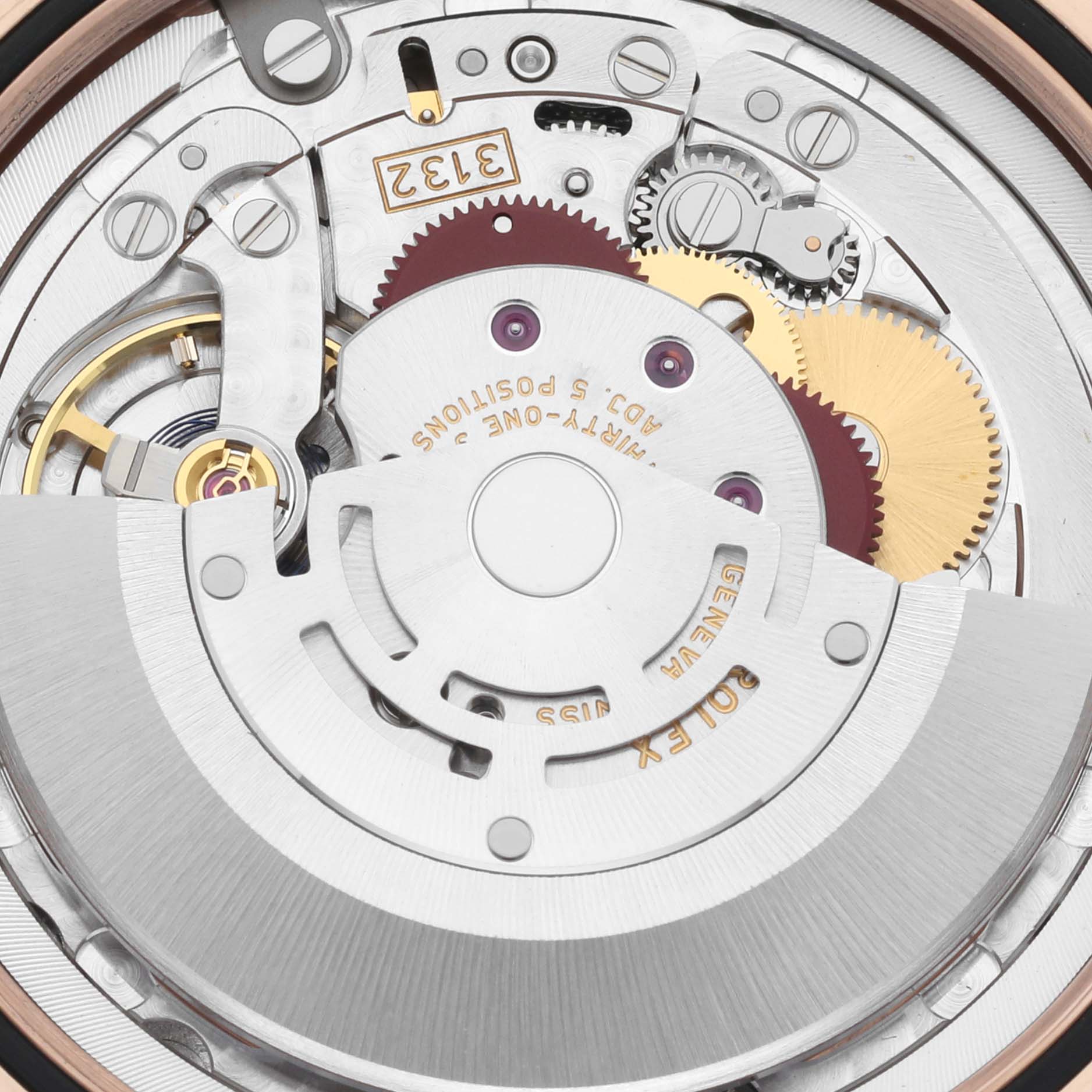 The Rolex Cellini 50505 Men's Rose Gold Pink Dial 50505 Men's Rose Gold Pink Dial model's movement is shown from above, highlighting gears and the rotor mechanism.