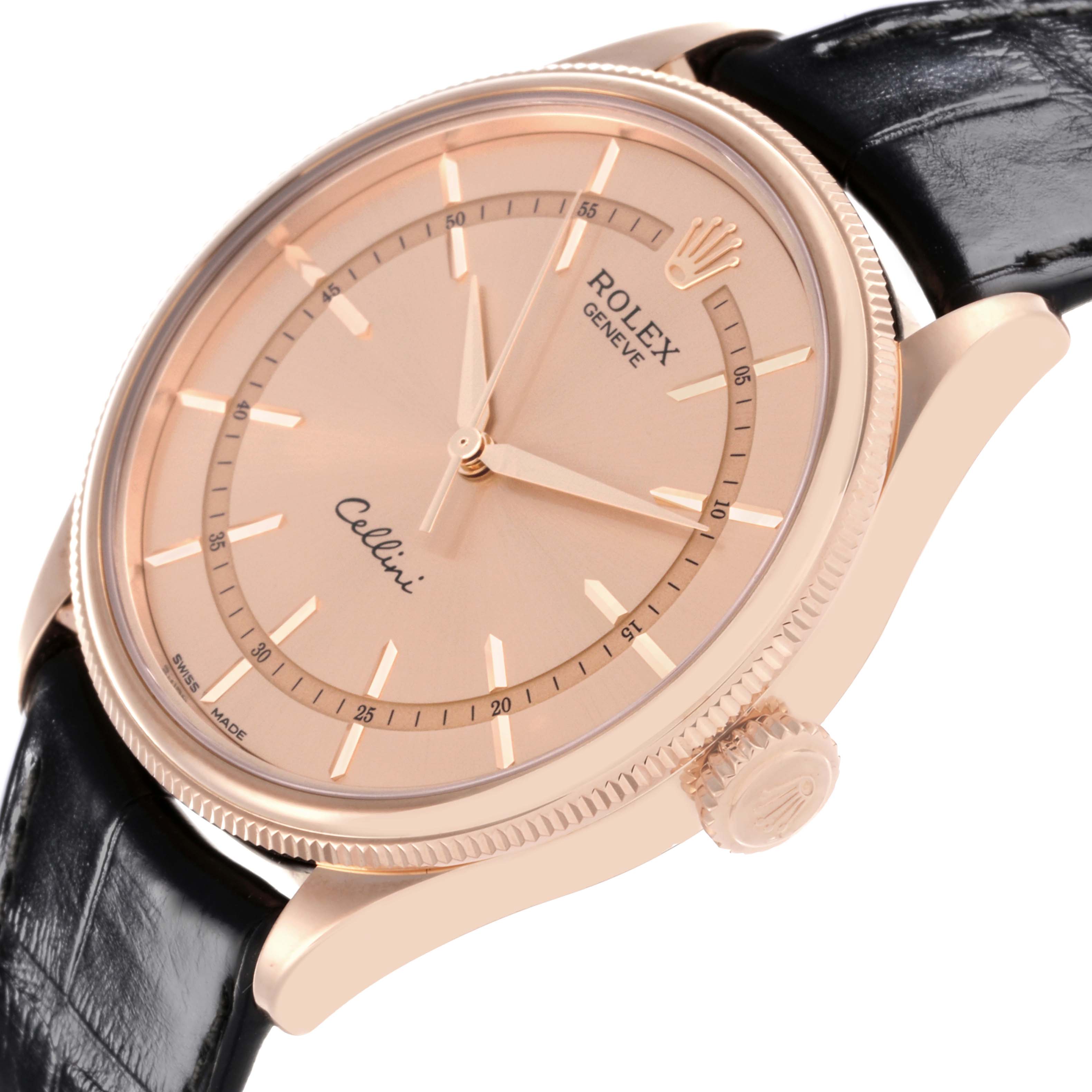 The Rolex Cellini 50505 Men's Rose Gold Pink Dial 50505 Men's Rose Gold Pink Dial watch is shown at a slight angle, displaying the dial, case, crown, and part of the strap.