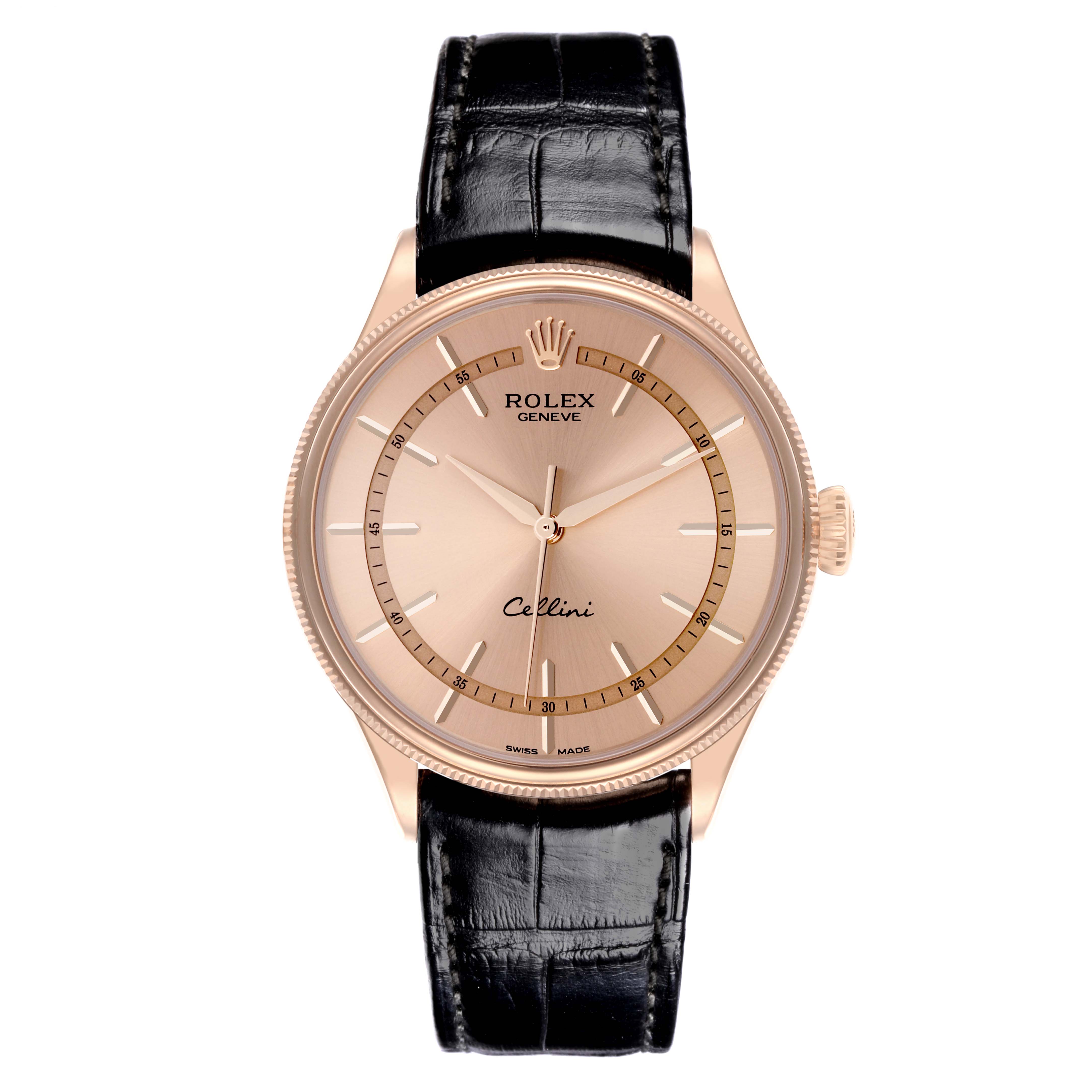 The Rolex Cellini 50505 Men's Rose Gold Pink Dial 50505 Men's Rose Gold Pink Dial watch is shown from a frontal angle, displaying the dial, bezel, and leather strap.