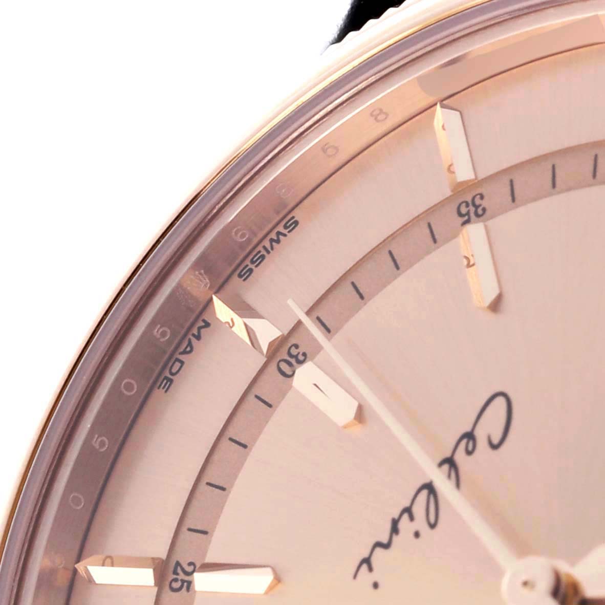 The image shows a close-up angle of the Rolex Cellini 50505 Men's Rose Gold Pink Dial 50505 Men's Rose Gold Pink Dial watch, focusing on the dial and its markers.
