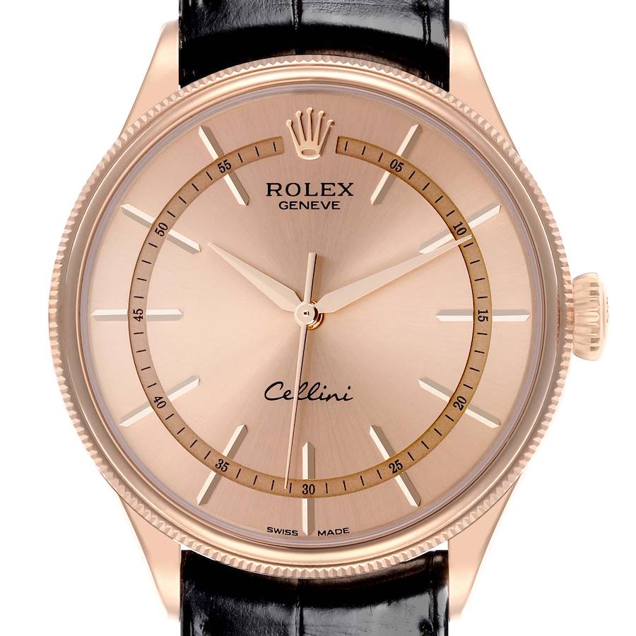 The Rolex Cellini model is shown from a front angle, displaying the dial and partial strap.