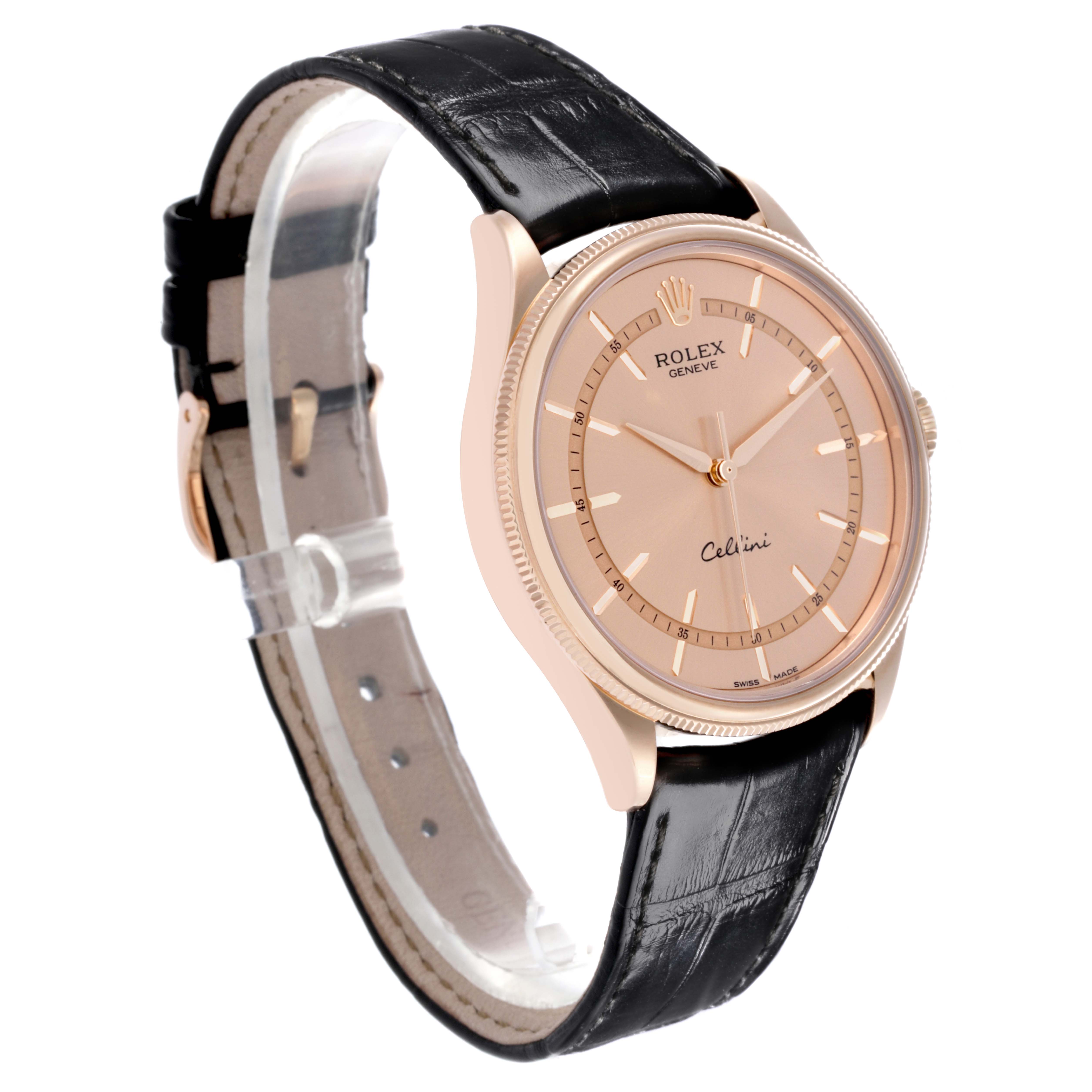 The Rolex Cellini 50505 Men's Rose Gold Pink Dial 50505 Men's Rose Gold Pink Dial watch is shown at a three-quarter angle, highlighting the face, case, and leather strap.
