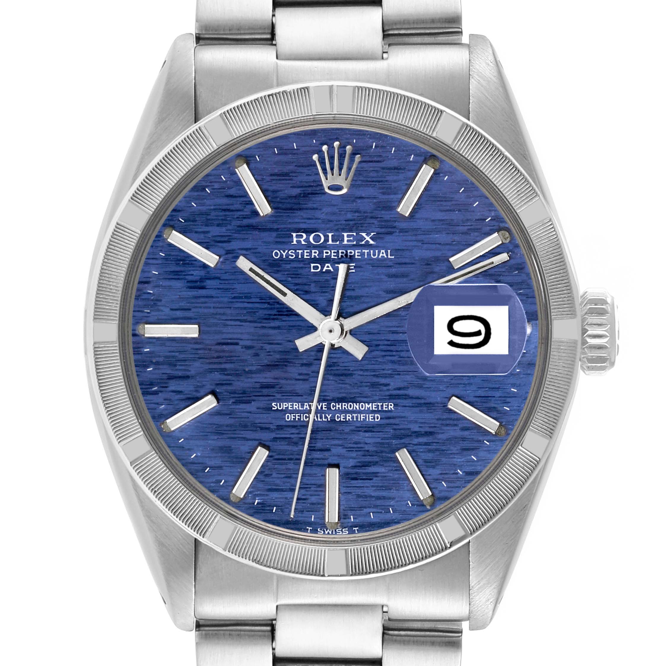 The image shows the front view of the Rolex Vintage Collection 1501 Men's Stainless Steel Blue Dial 1501 Men's Stainless Steel Blue Dial watch, highlighting the dial, crown, and bracelet.