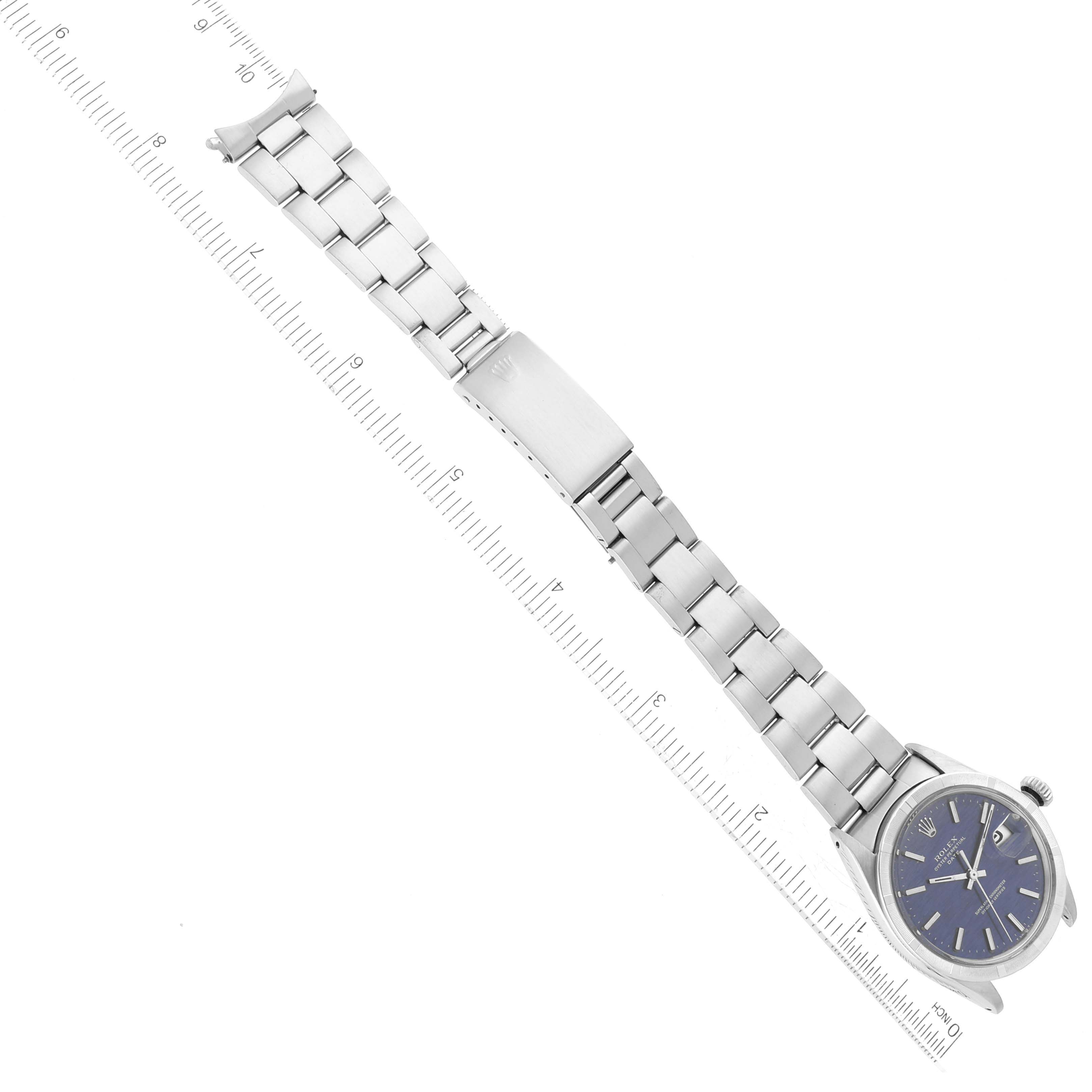 The Rolex Vintage Collection 1501 Men's Stainless Steel Blue Dial 1501 Men's Stainless Steel Blue Dial model watch is shown from a top-down angle with its face, band, and clasp visible.