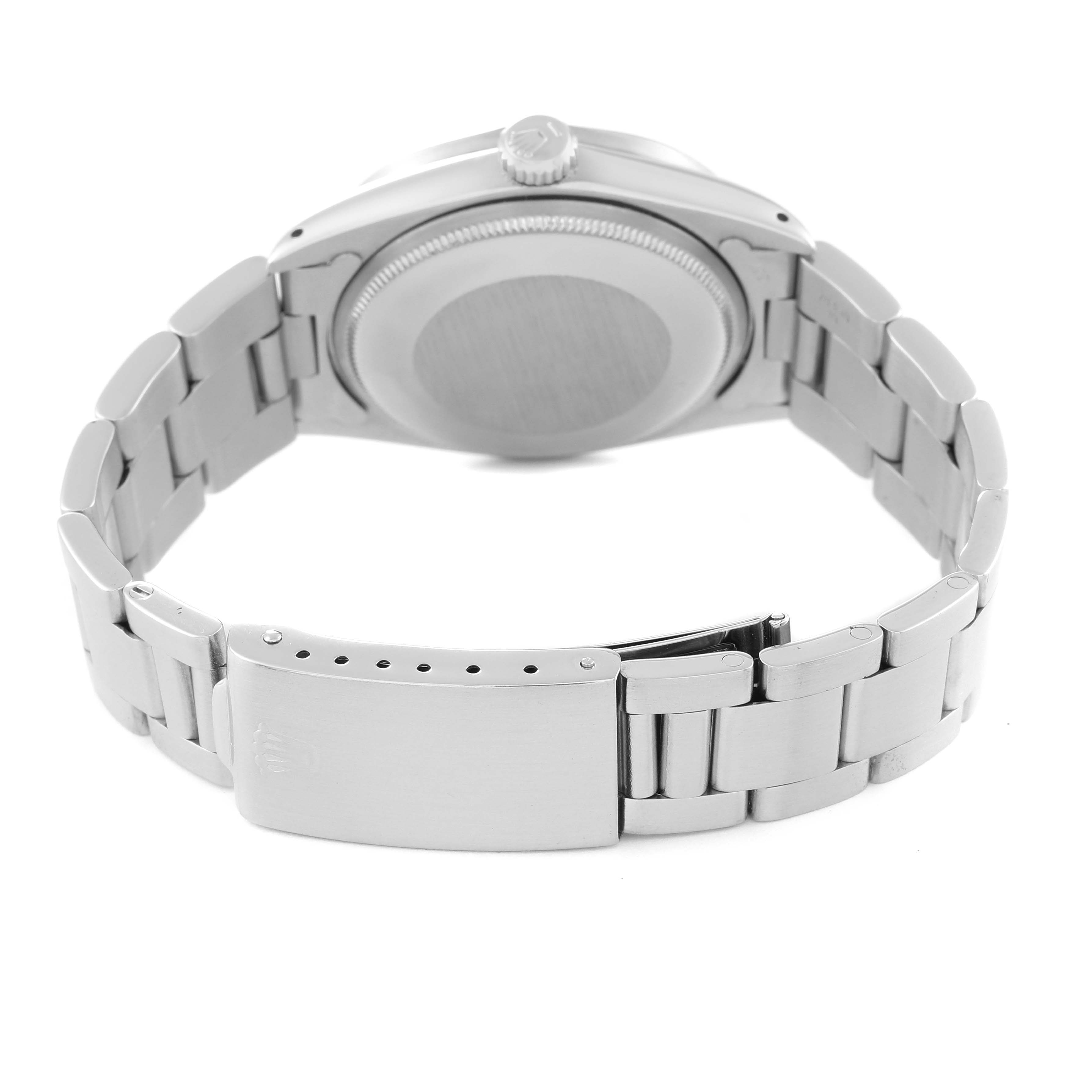 The image shows the back case, crown, and clasp of the Rolex Vintage Collection 1501 Men's Stainless Steel Blue Dial 1501 Men's Stainless Steel Blue Dial model watch at a rear angle.