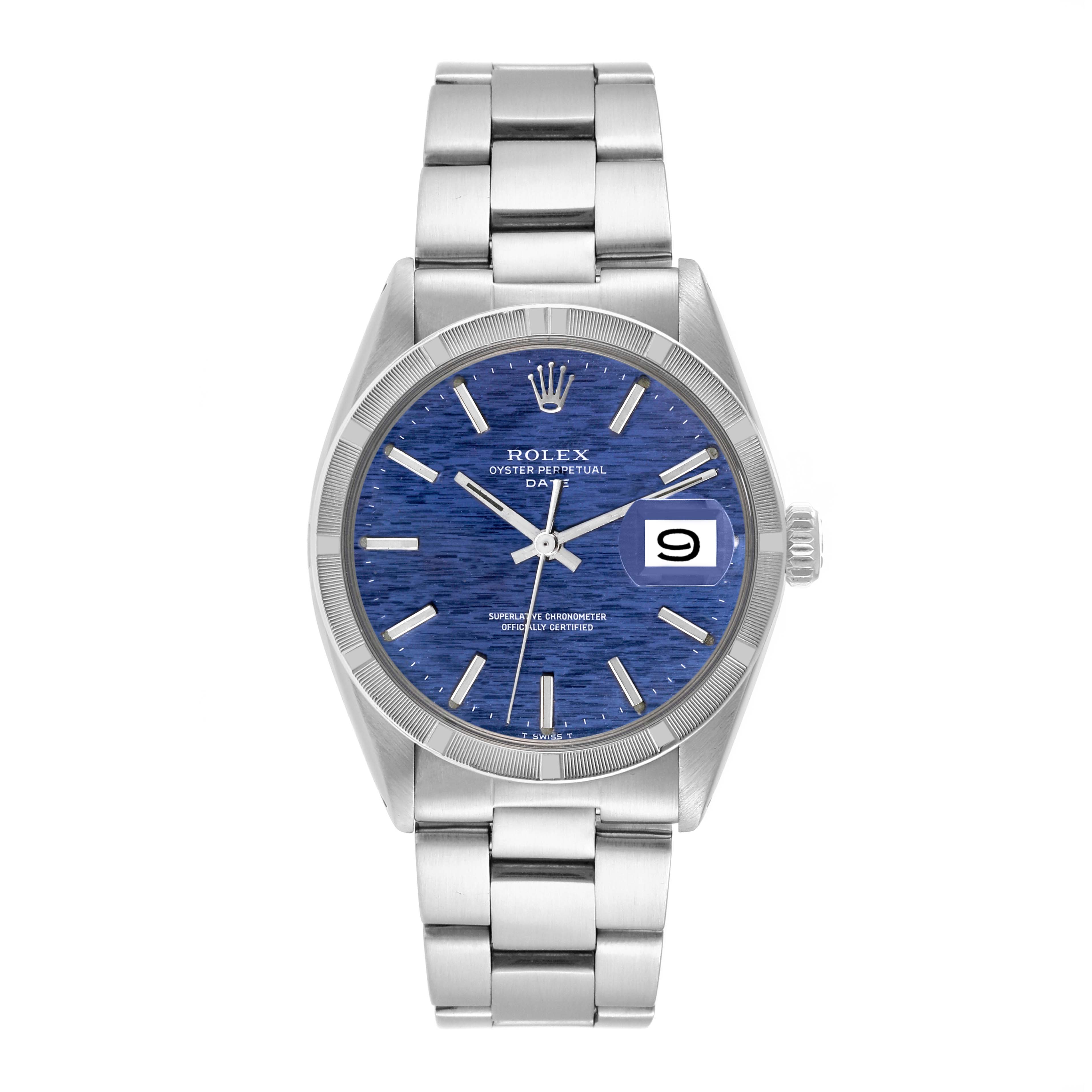 This image shows a front view of the Rolex Vintage Collection 1501 Men's Stainless Steel Blue Dial 1501 Men's Stainless Steel Blue Dial model watch with a blue dial and metal band.