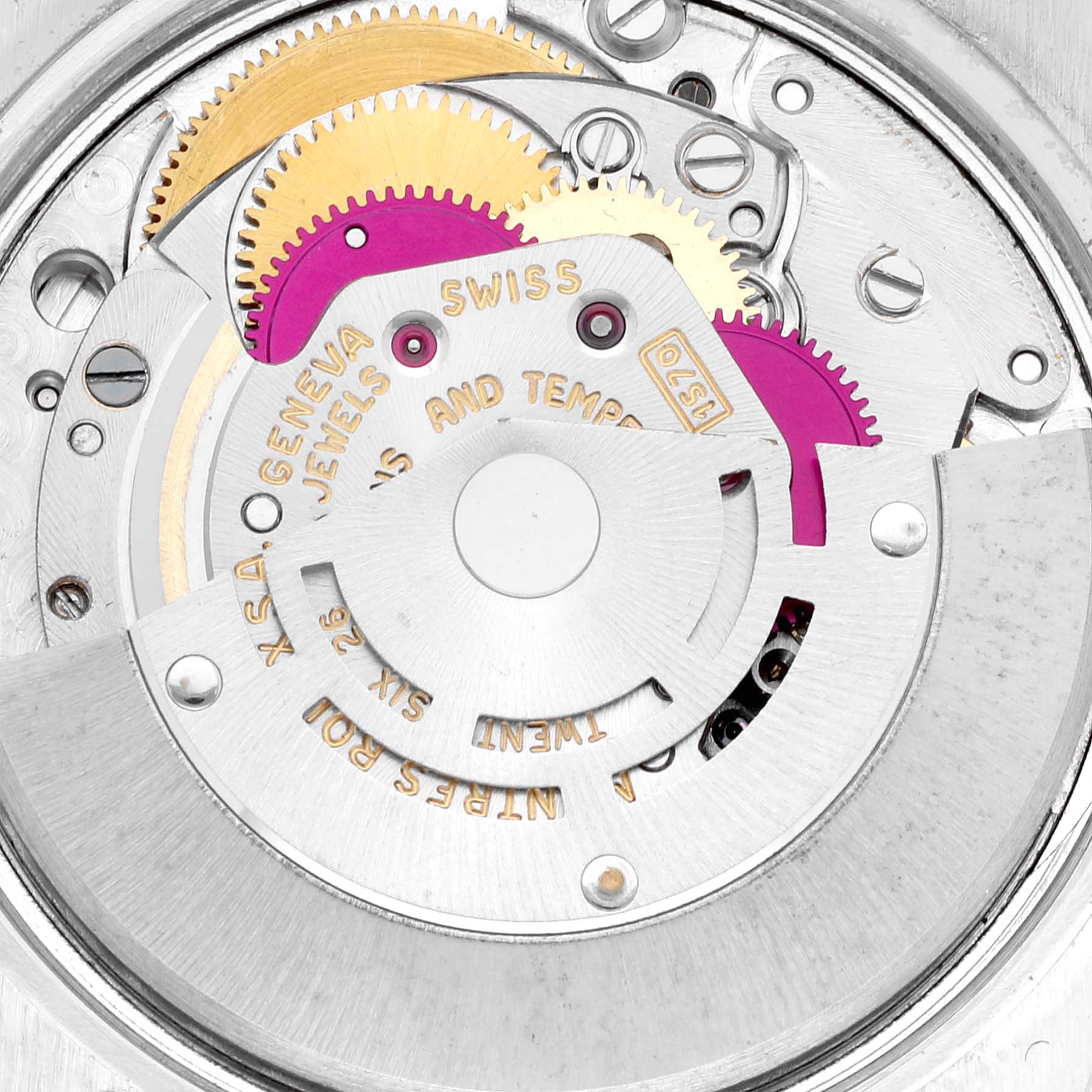 This image shows the inner mechanical components and gears of the Rolex Vintage Collection 1501 Men's Stainless Steel Blue Dial 1501 Men's Stainless Steel Blue Dial watch from a top-down angle.