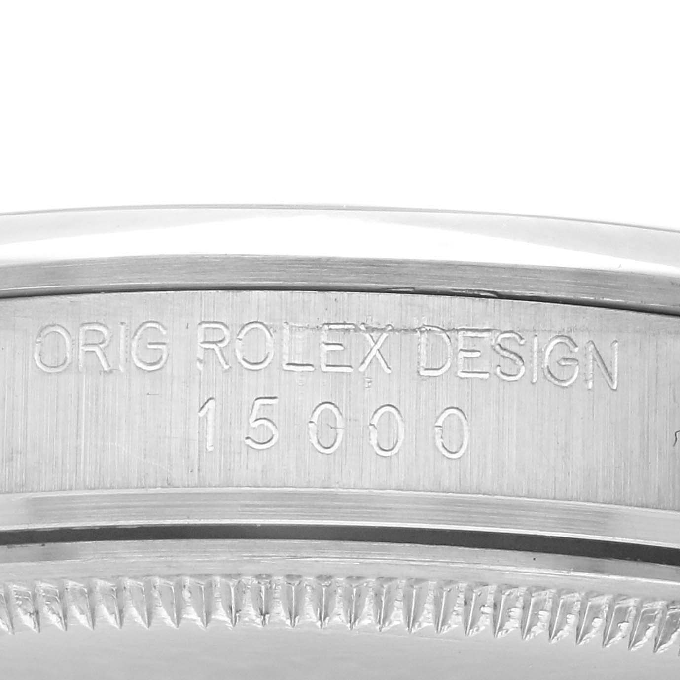 The image shows the side of a Rolex Vintage Collection 15000 Men's Stainless Steel Silver Dial 15000 Men's Stainless Steel Silver Dial watch with "ORIG ROLEX DESIGN" and "15000" engraved on the case.